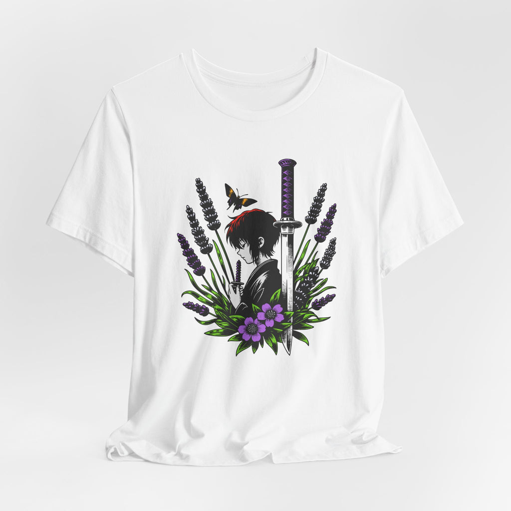 White t-shirt with a graphic design of a person holding a sword among flowers on a white background