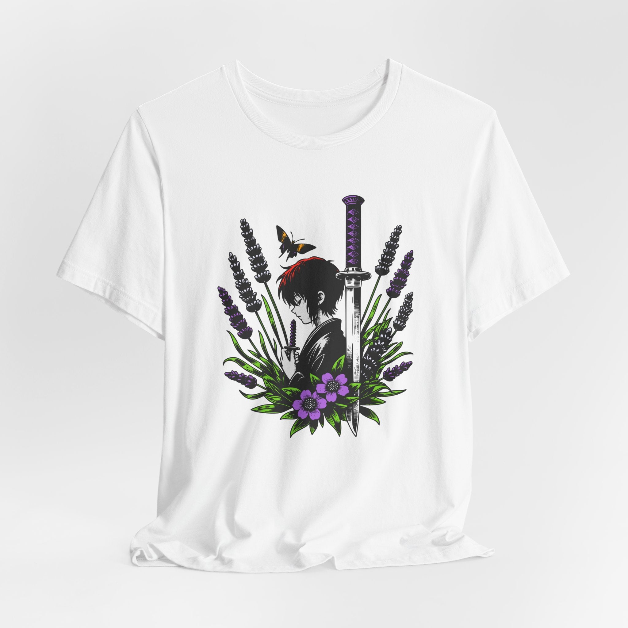 White t-shirt with a graphic design of a person holding a sword among flowers on a white background
