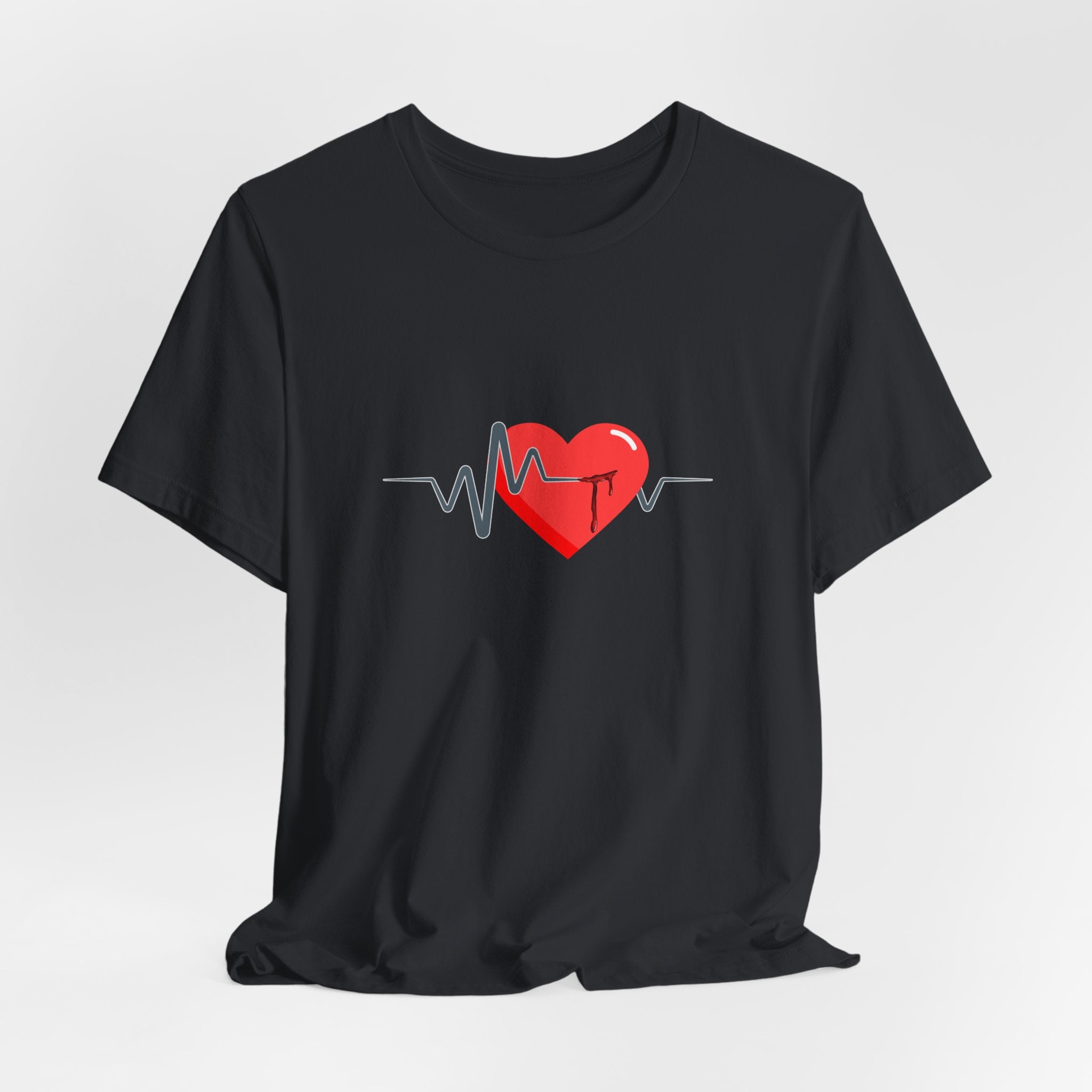 Black t-shirt with a red heart and heartbeat line design on a white background