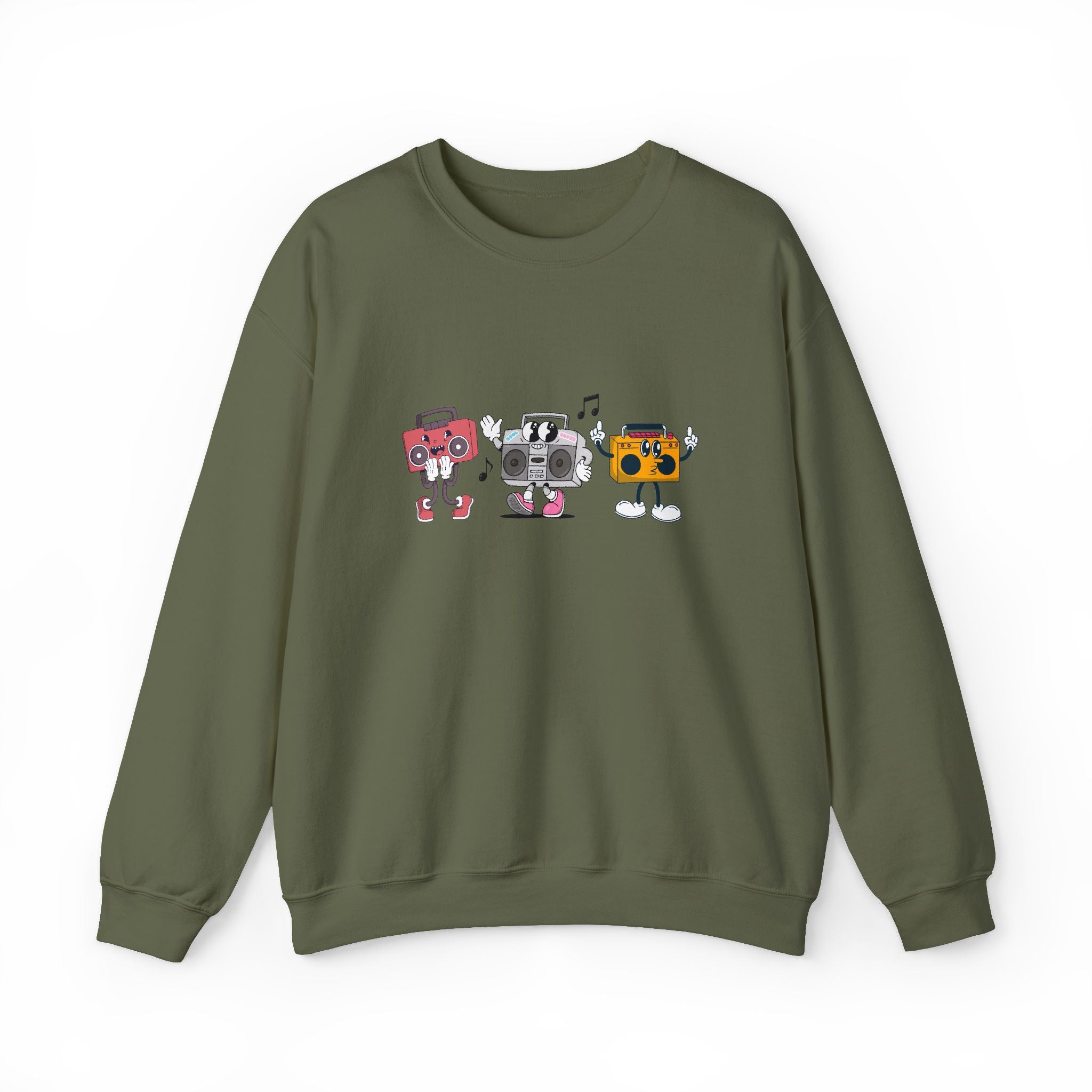 Green sweatshirt with cartoon boombox design on a white background
