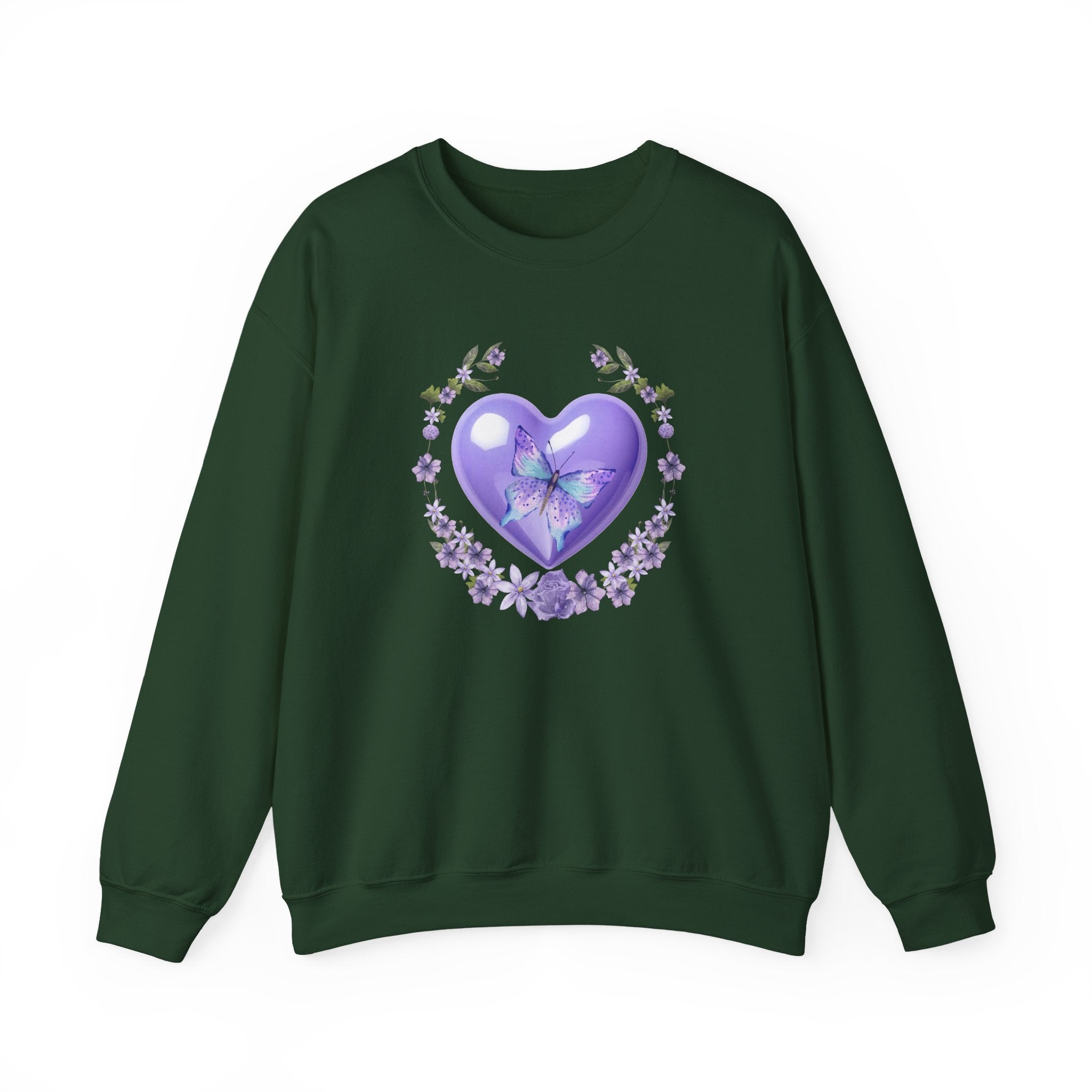 Green sweatshirt with a purple heart and butterfly design on a white background