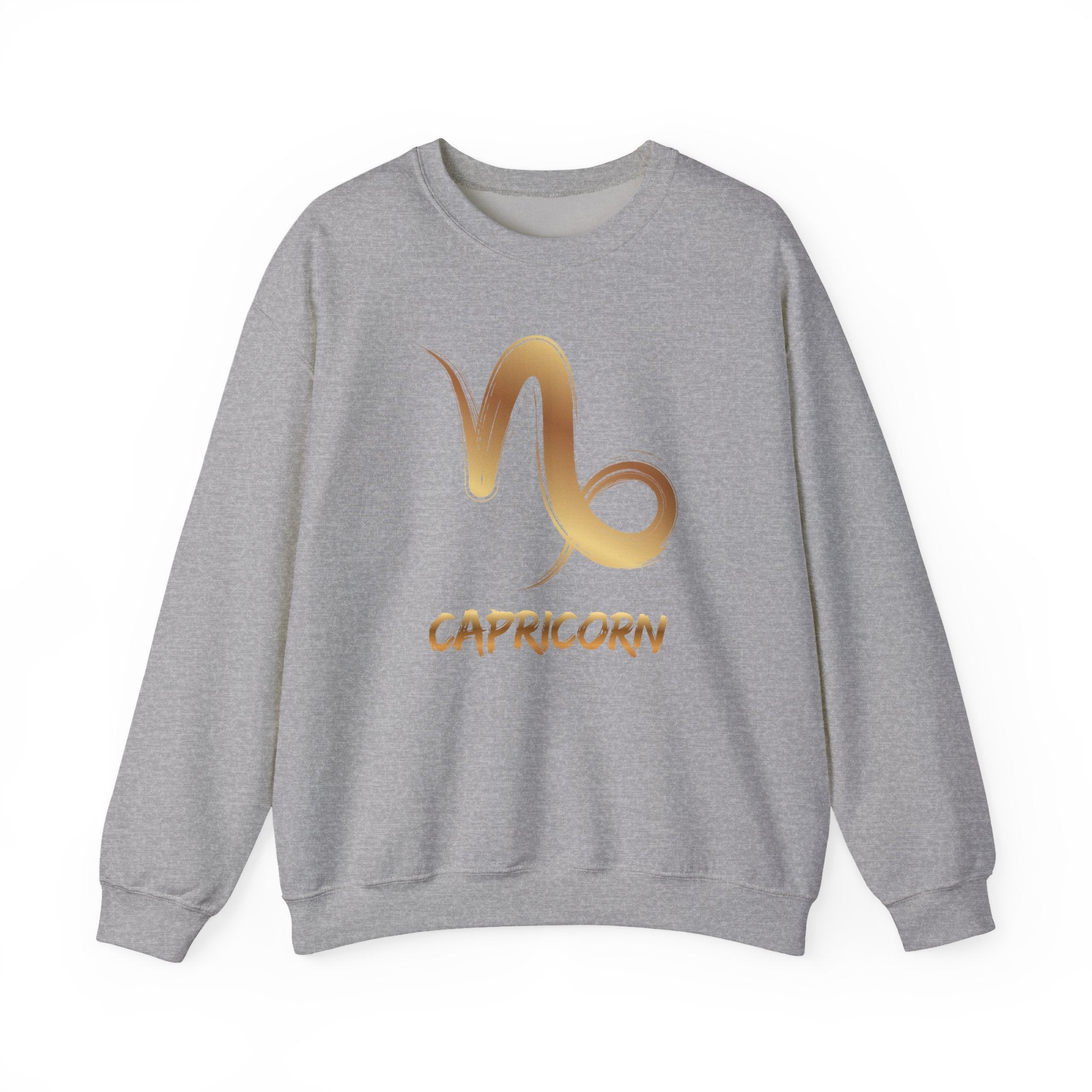 Grey sweatshirt with gold Capricorn symbol and text on a white background