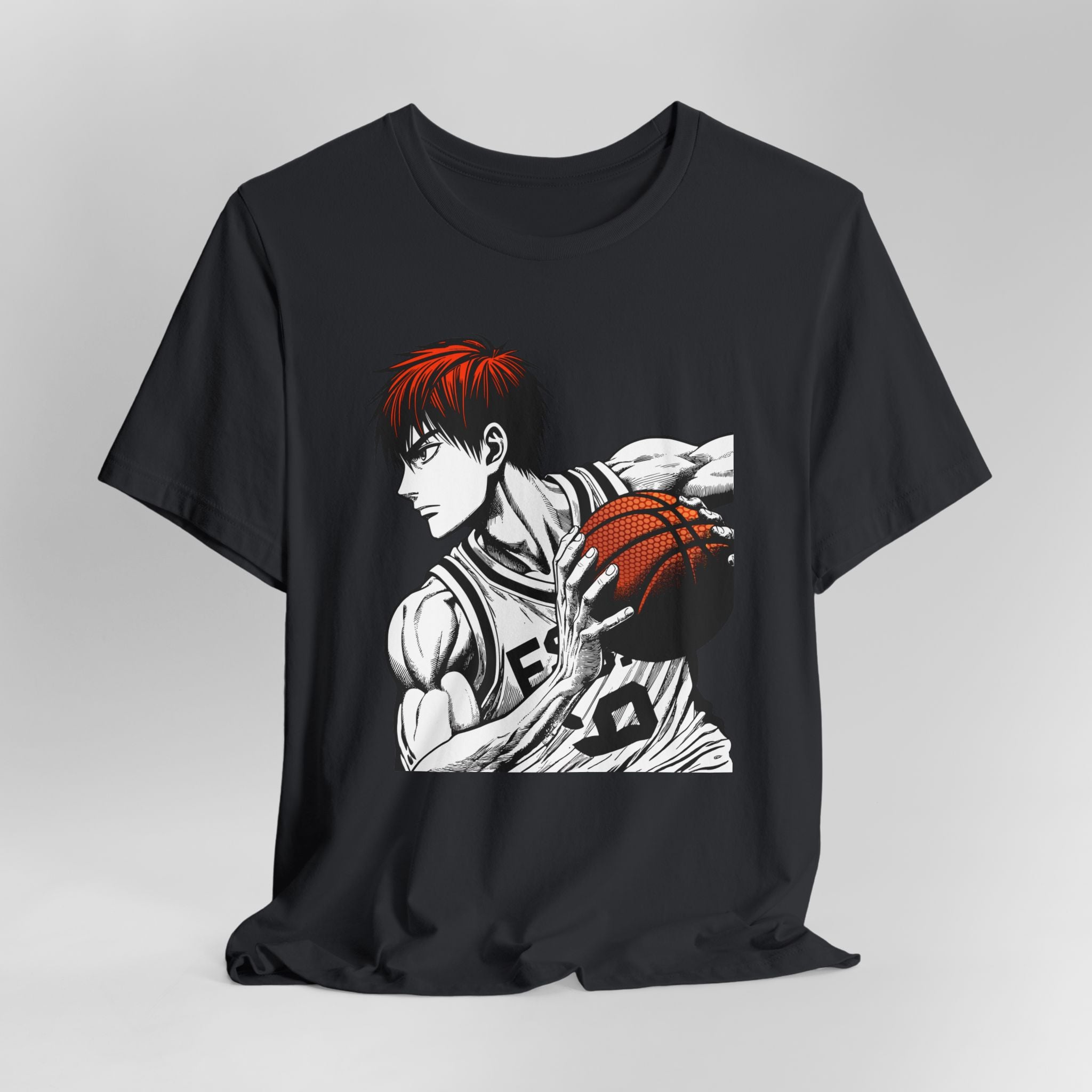 Black t-shirt with an anime character holding a basketball on a gray background
