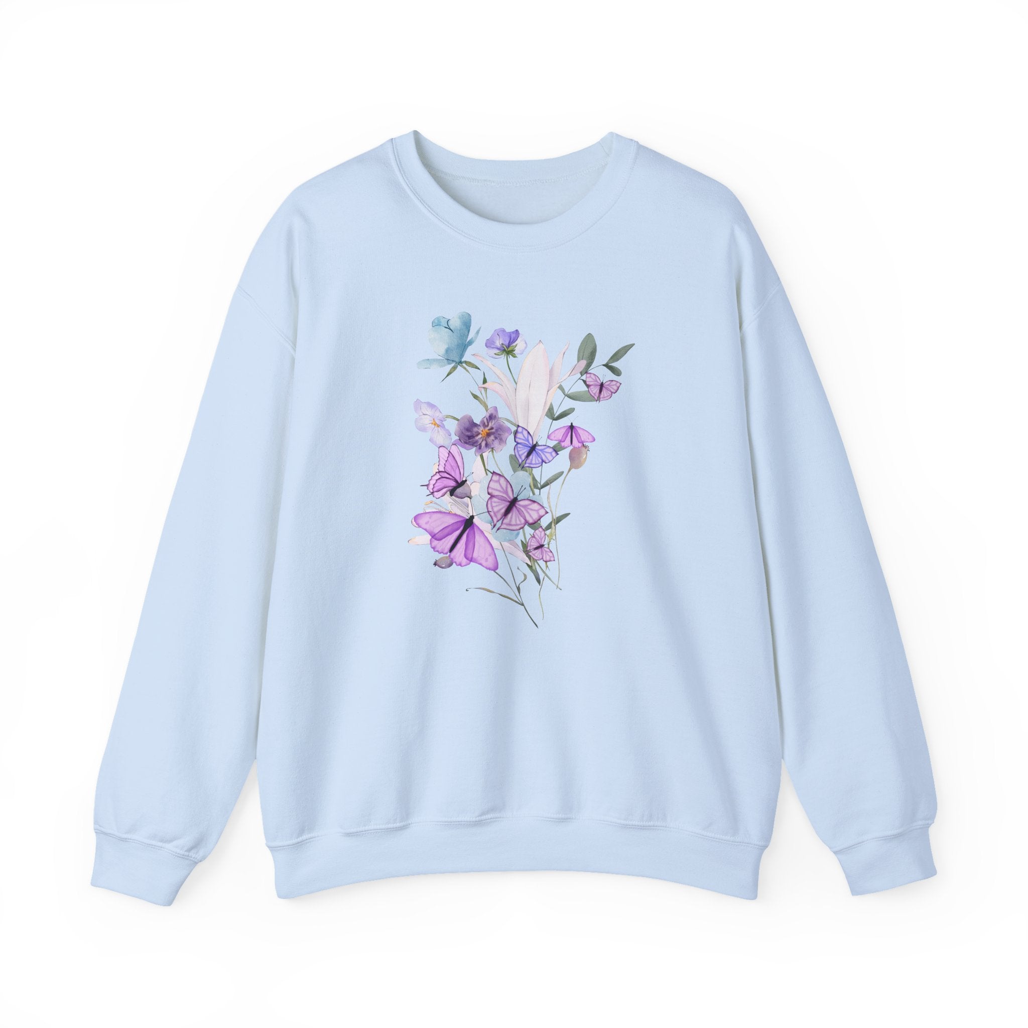 Light blue sweatshirt with floral design on a white background
