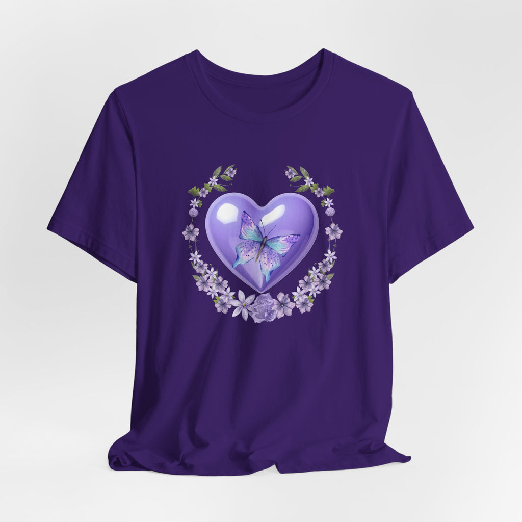 Purple t-shirt with a heart design featuring a butterfly and flowers on a white background