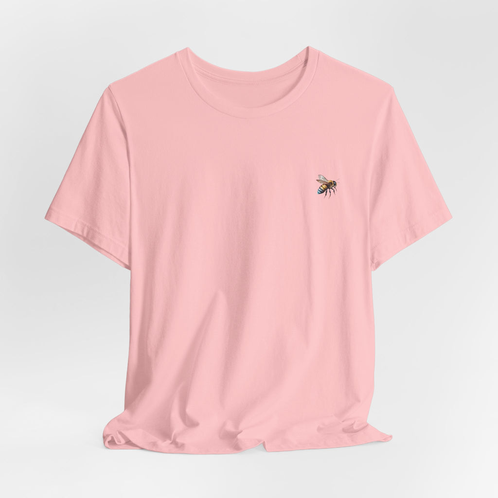 Pink t-shirt with bee graphic on a white background