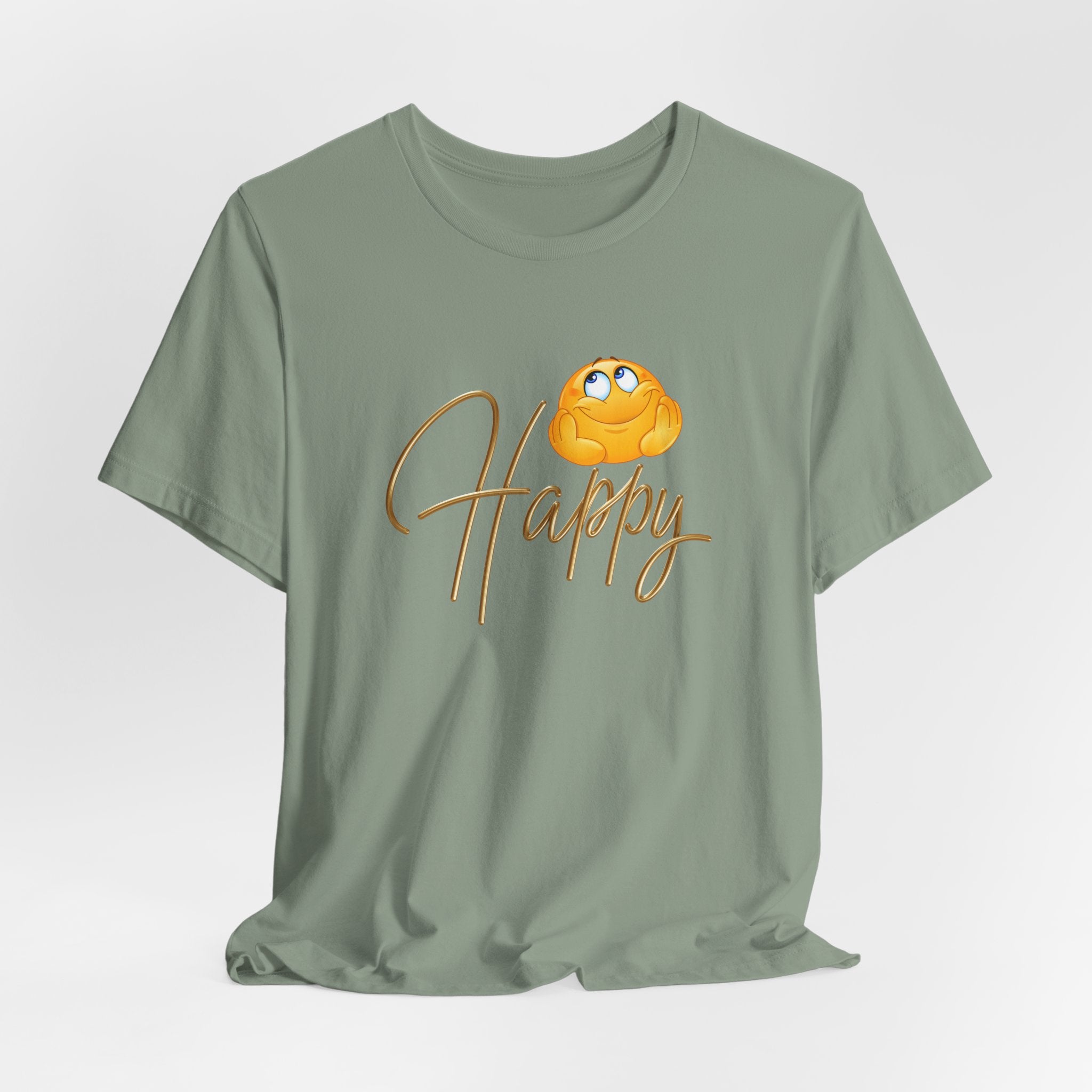 Green t-shirt with a smiling emoji and 'Happy' text on a light gray background