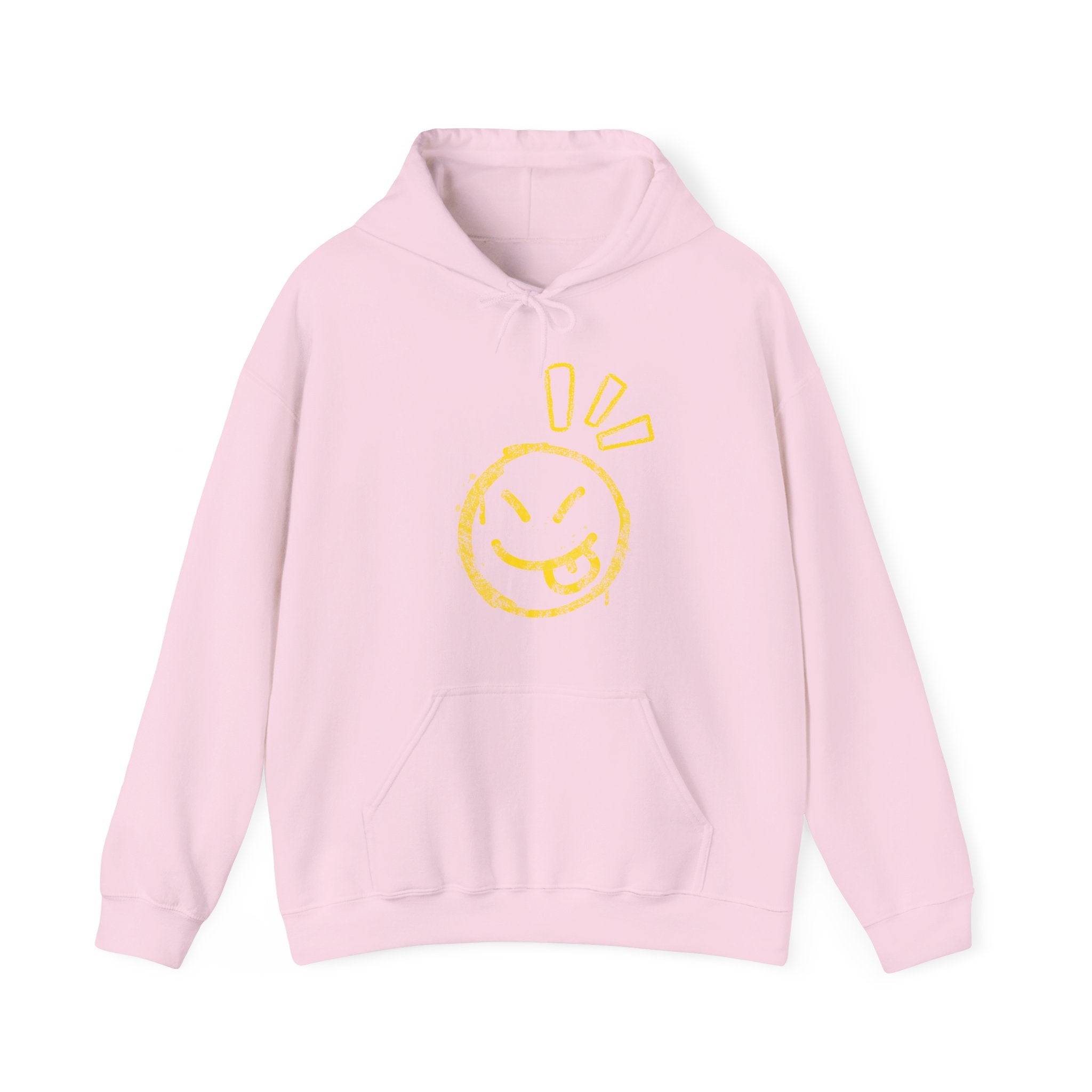 Pink hoodie with a graphic of a wacky emoticon on a white background