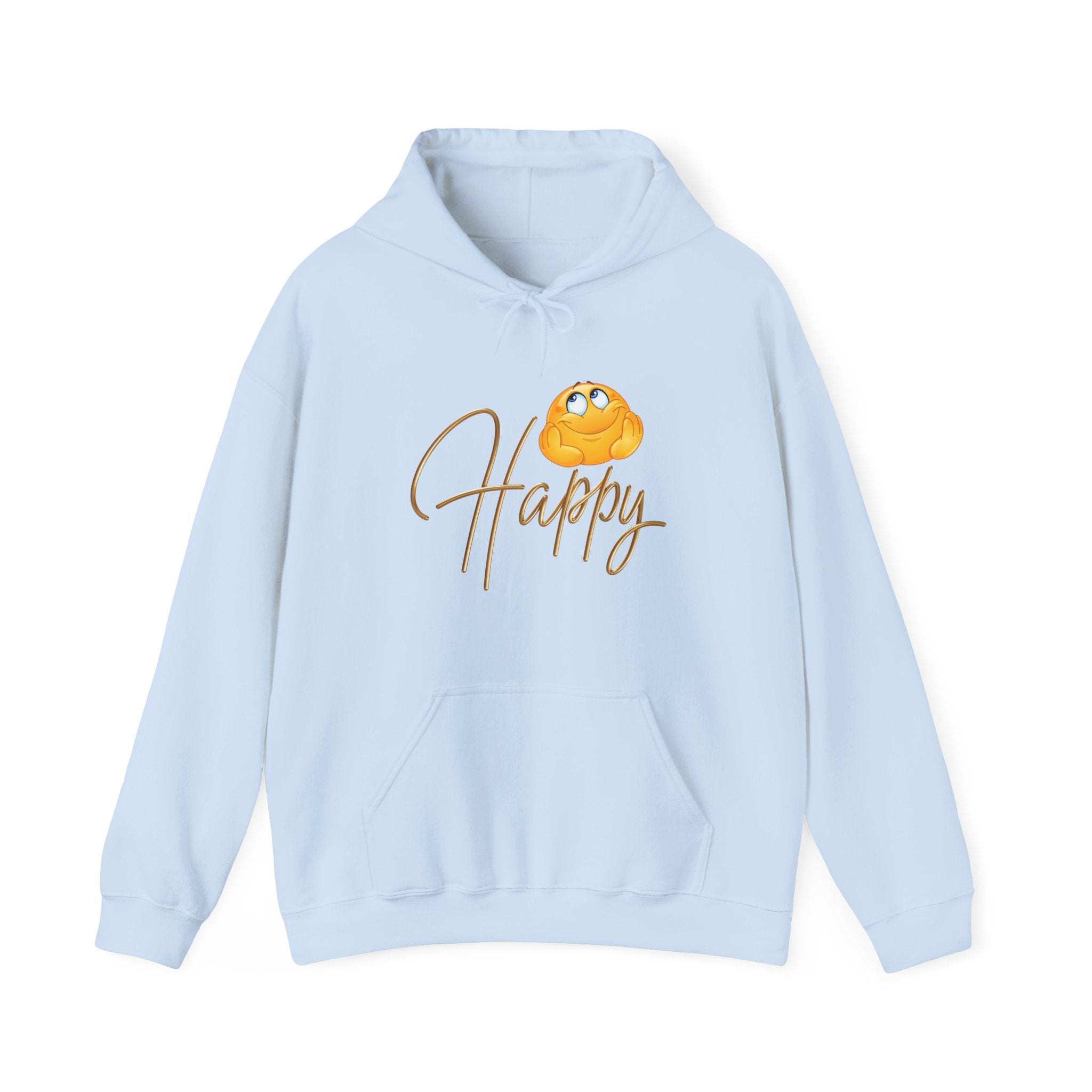 Light blue hoodie with a cartoon character and 'Happy' text on a white background