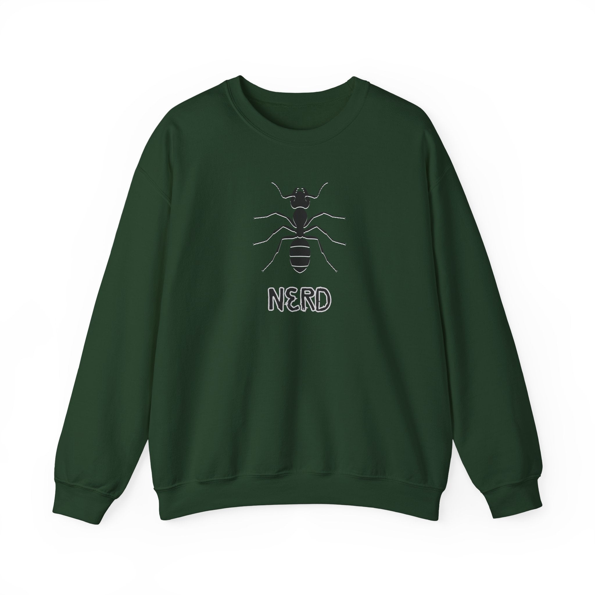 Green sweatshirt with ant graphic and 'NERD' text on a white background