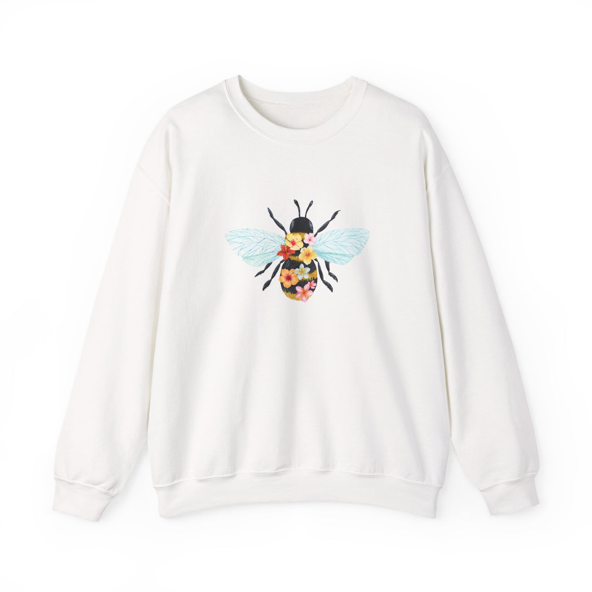 White sweatshirt with bee and flower pattern on a white background