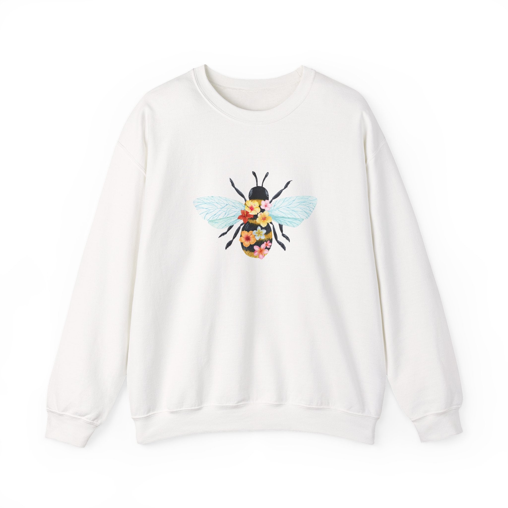 White sweatshirt with bee and flower pattern on a white background