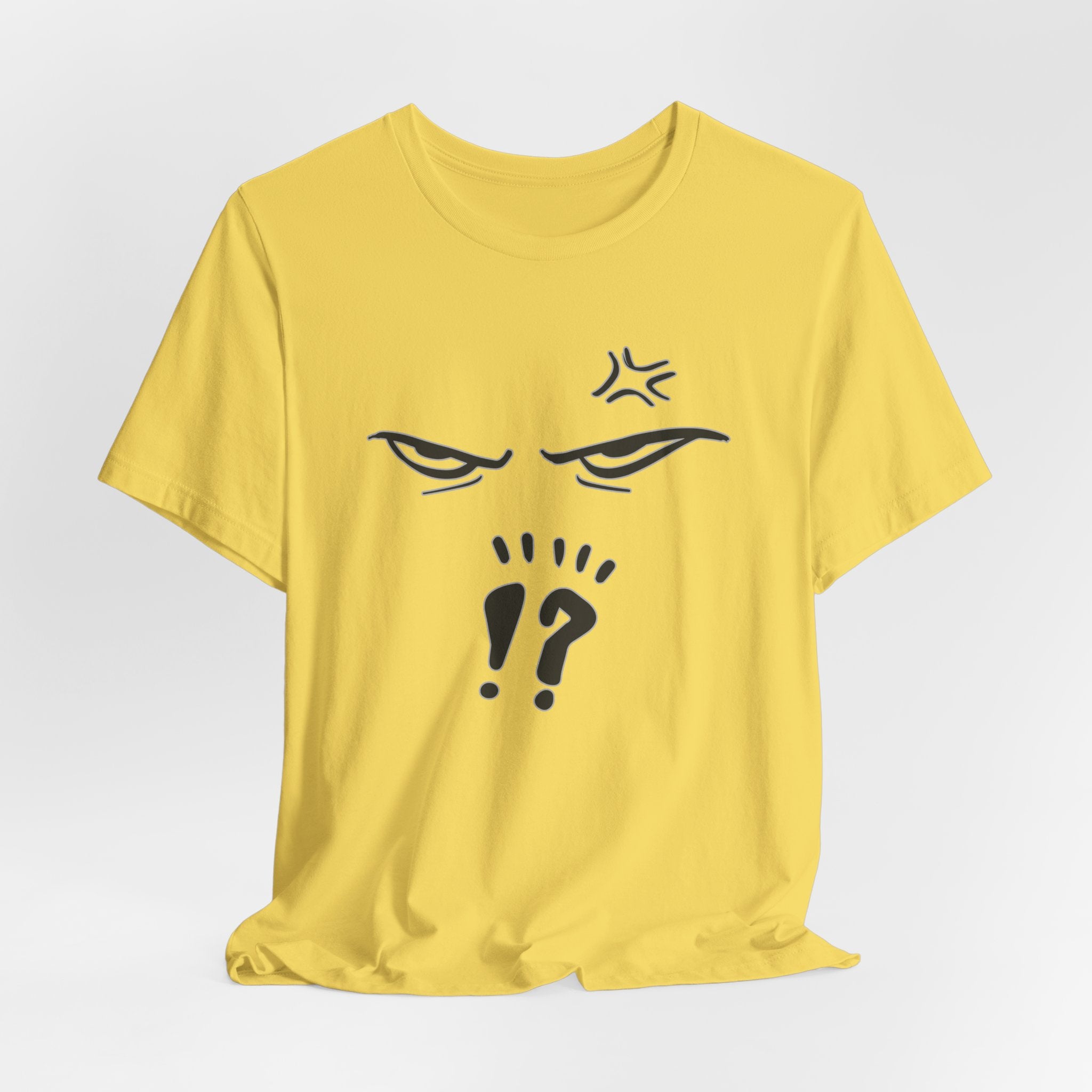 Yellow t-shirt with black graphic design on a light gray background