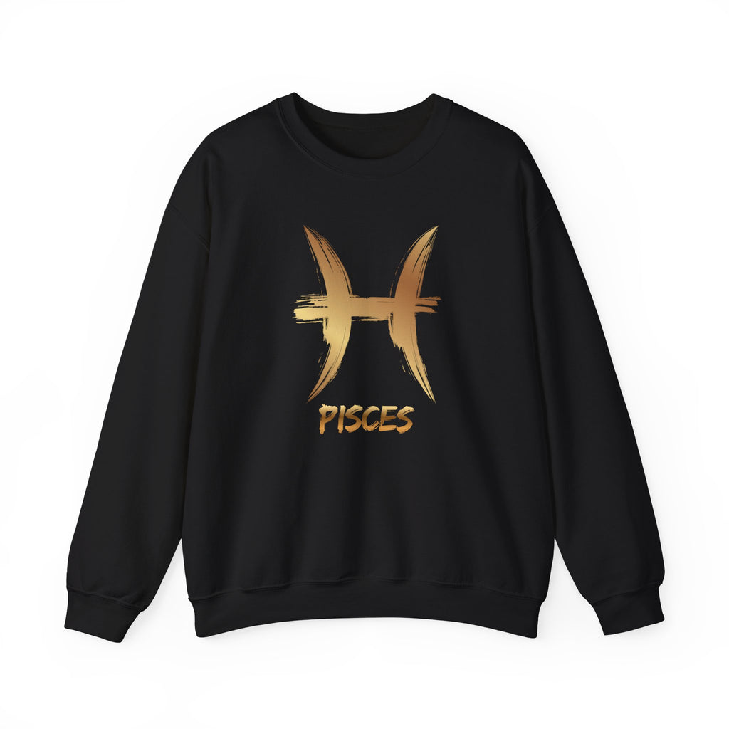 Black sweatshirt with gold Pisces symbol and text on a white background