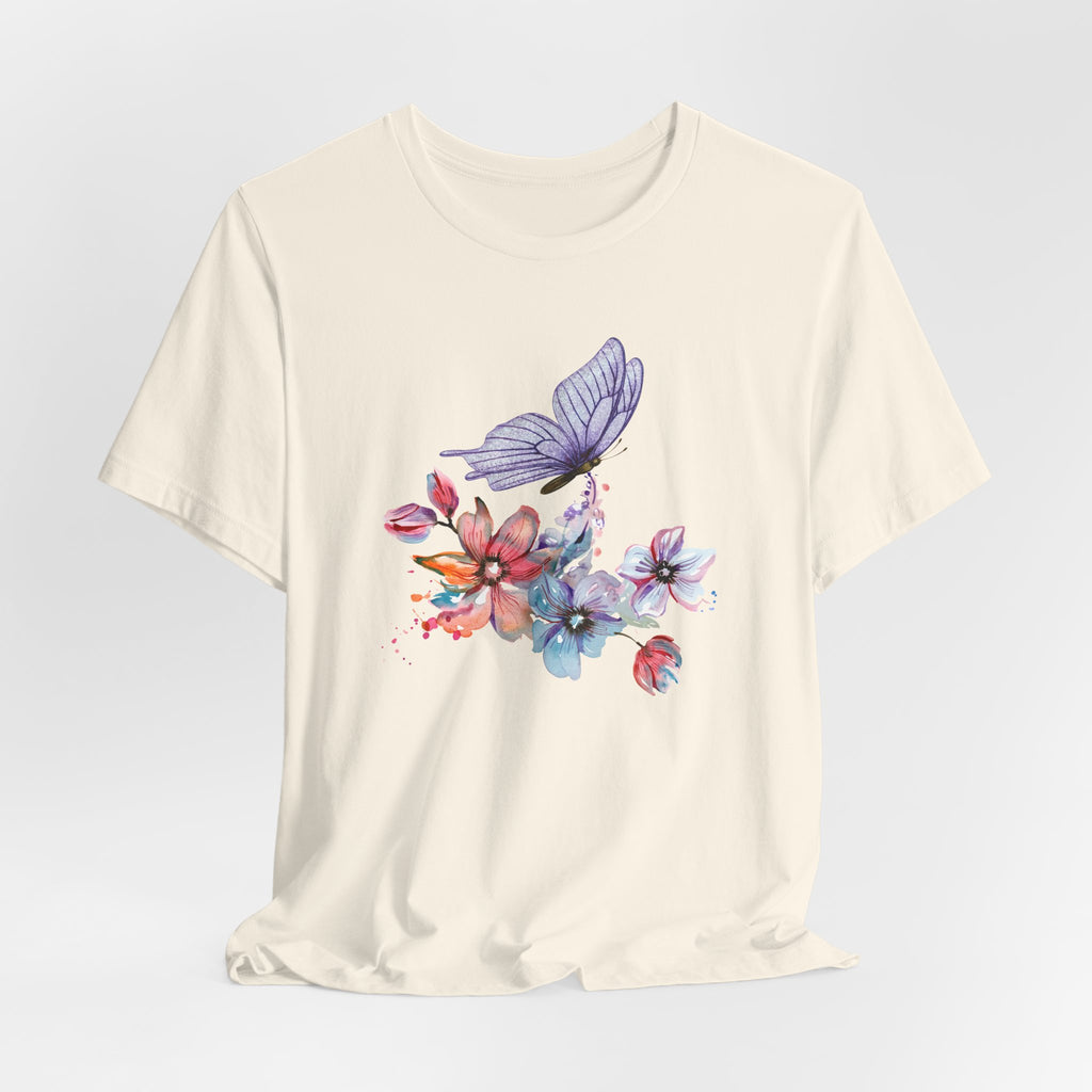 Beige t-shirt with a colorful butterfly and flower design on a light gray background