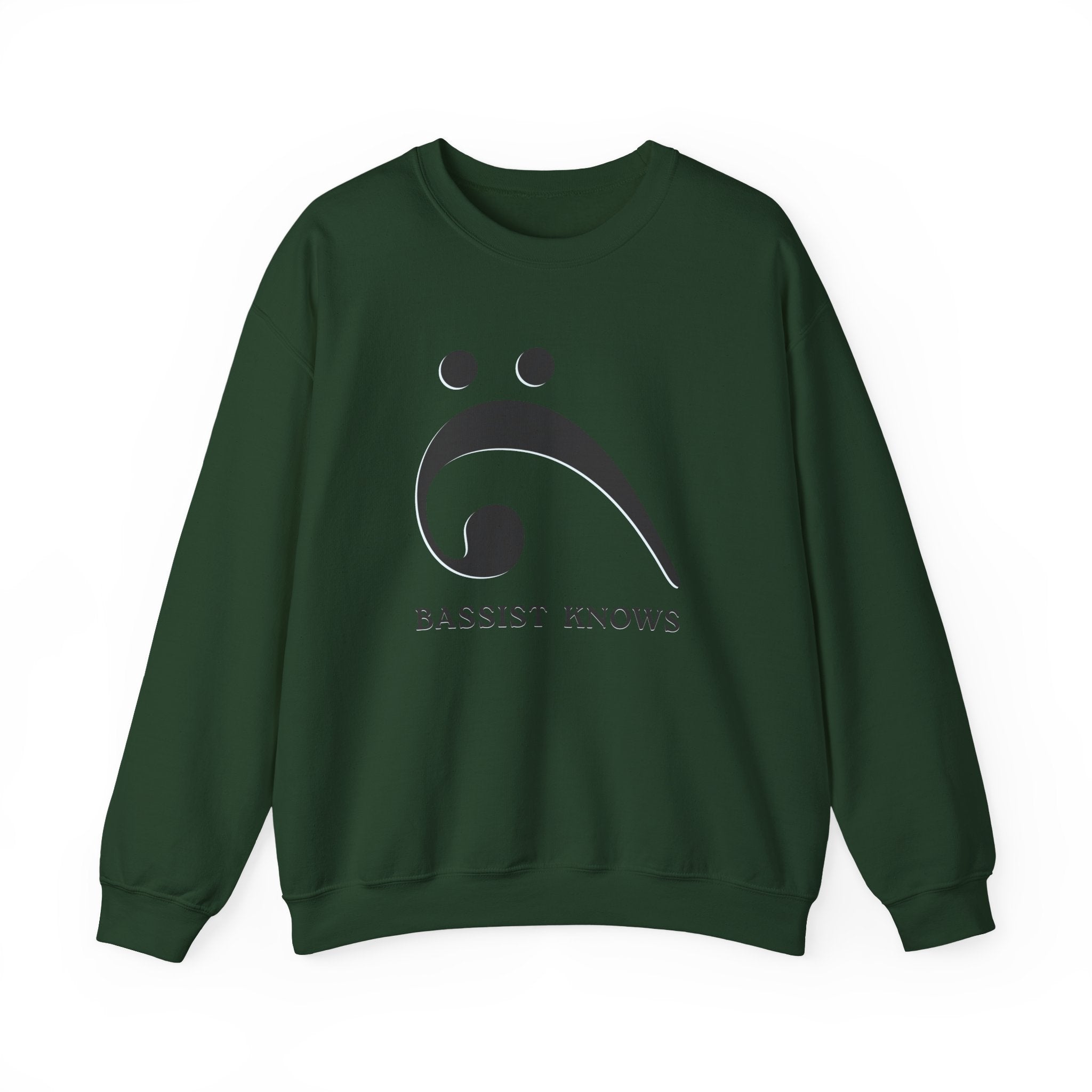 Green sweatshirt with a black bass clef graphic and "Bassist Knows" text on a white background