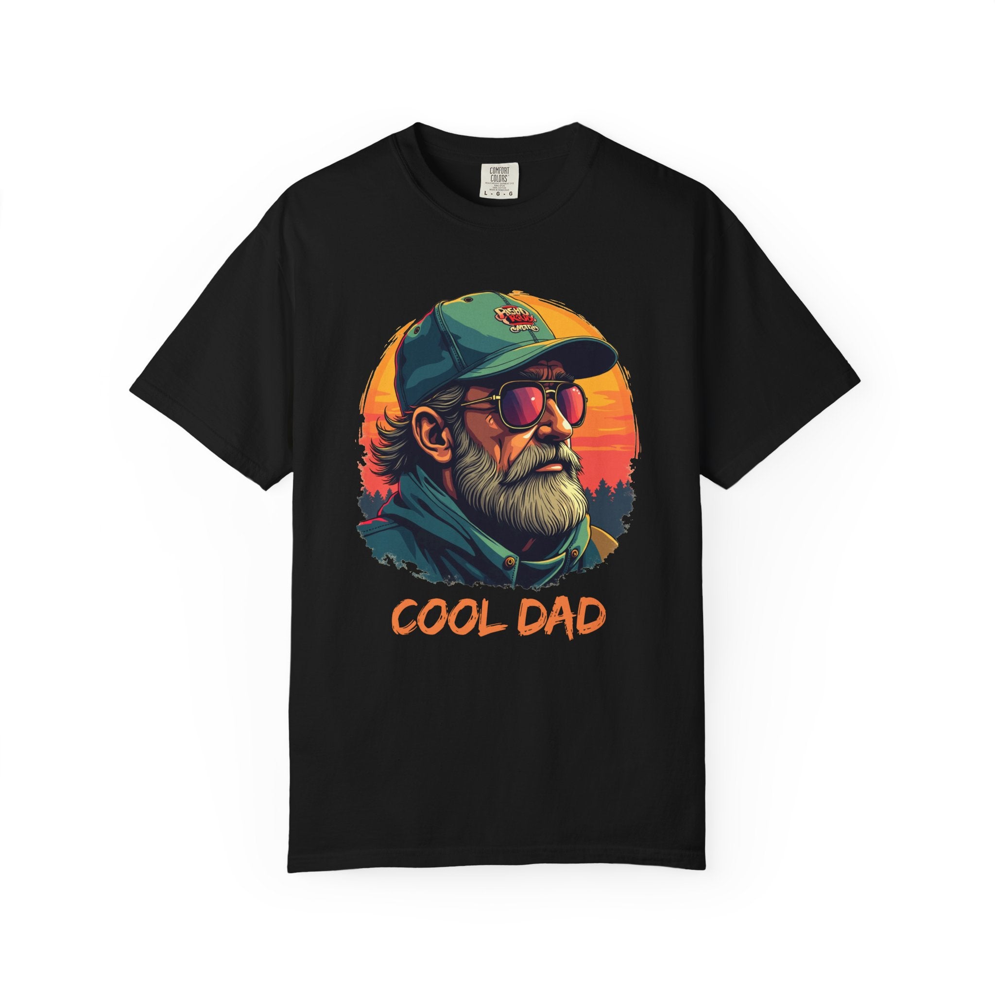 Black t-shirt with 'Cool Dad' graphic design featuring a man with sunglasses and a cap on a white background