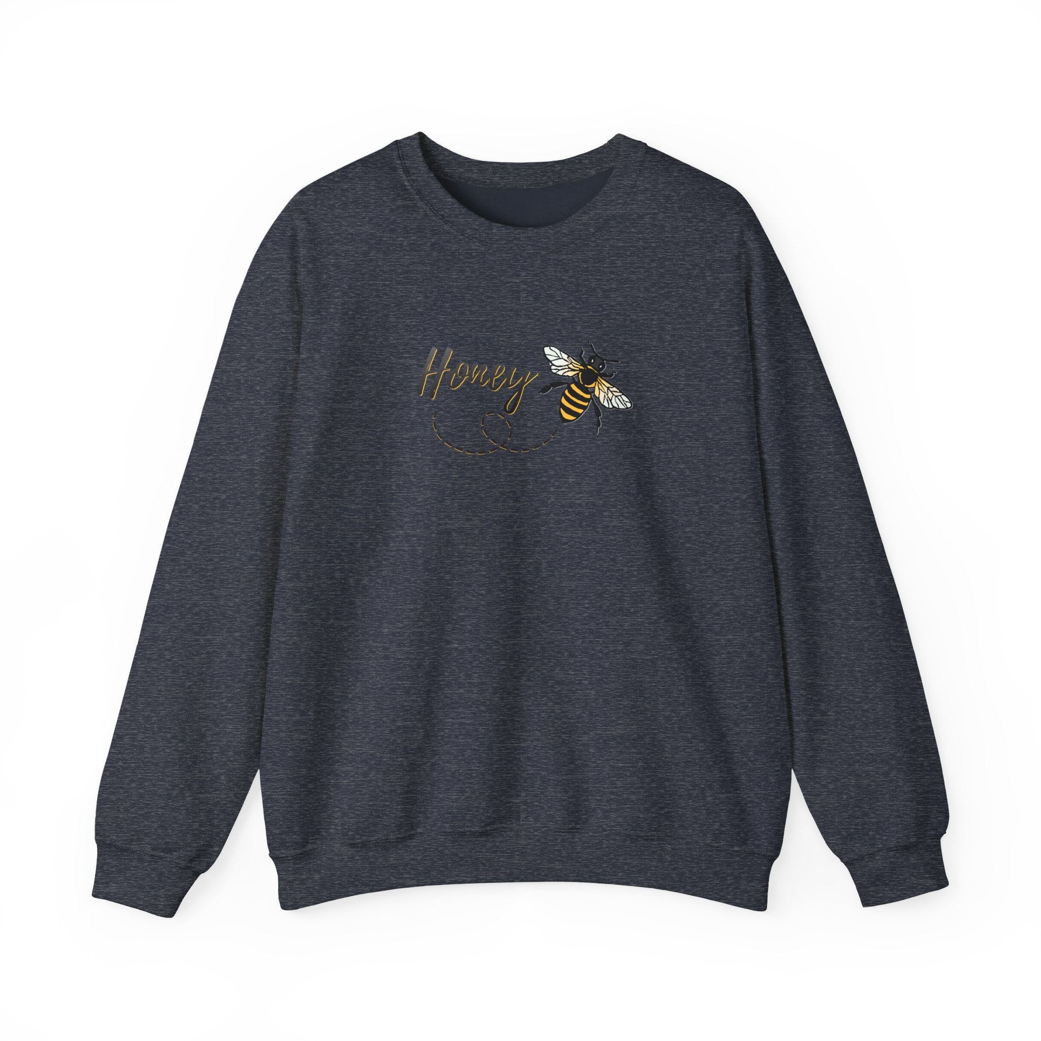 Dark navy sweatshirt with a bee and 'Honey' text design on a white background