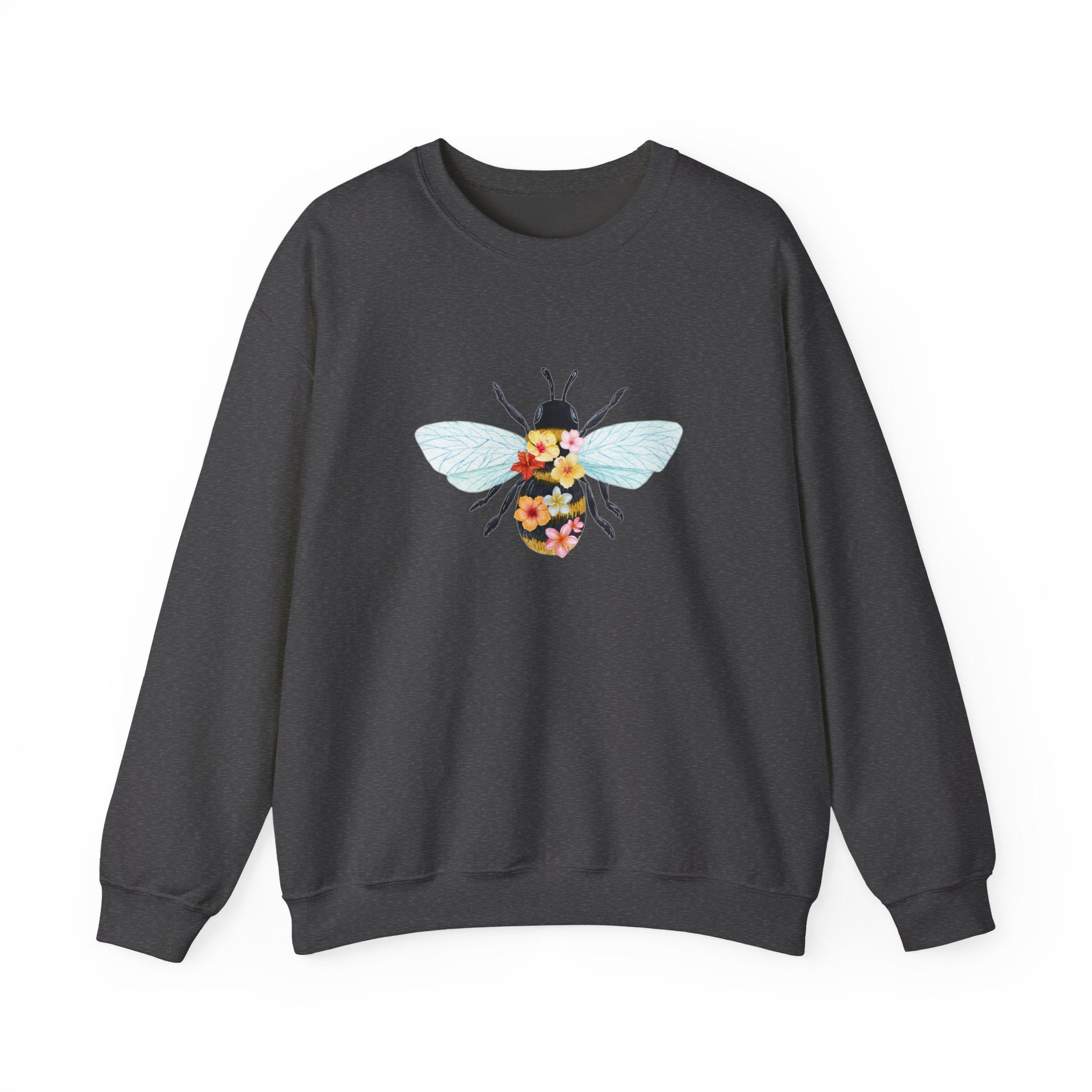 Dark gray sweatshirt with a colorful bee design on a white background