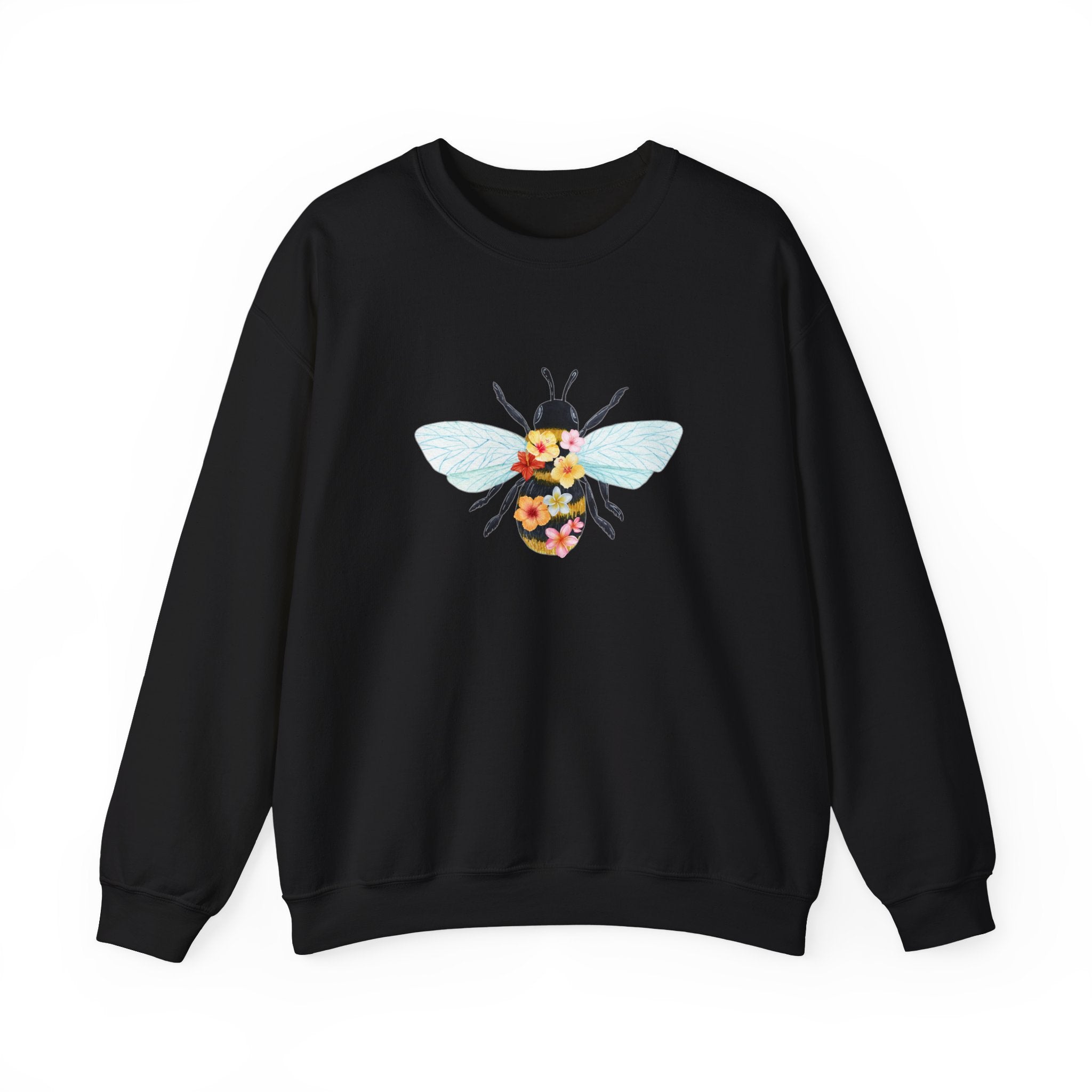 Black sweatshirt with bee and flower pattern on a white background