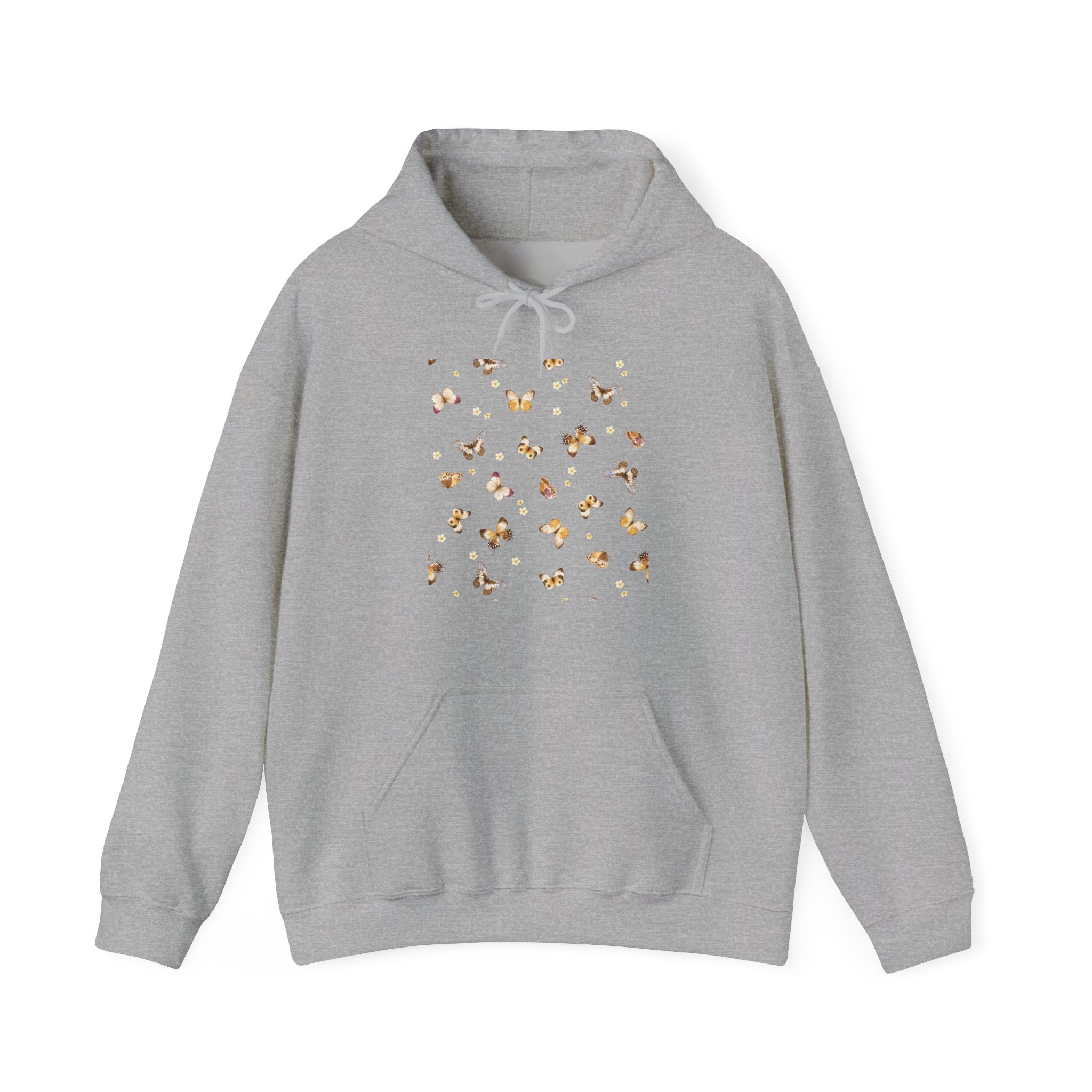 Gray hoodie with butterfly design on a white background
