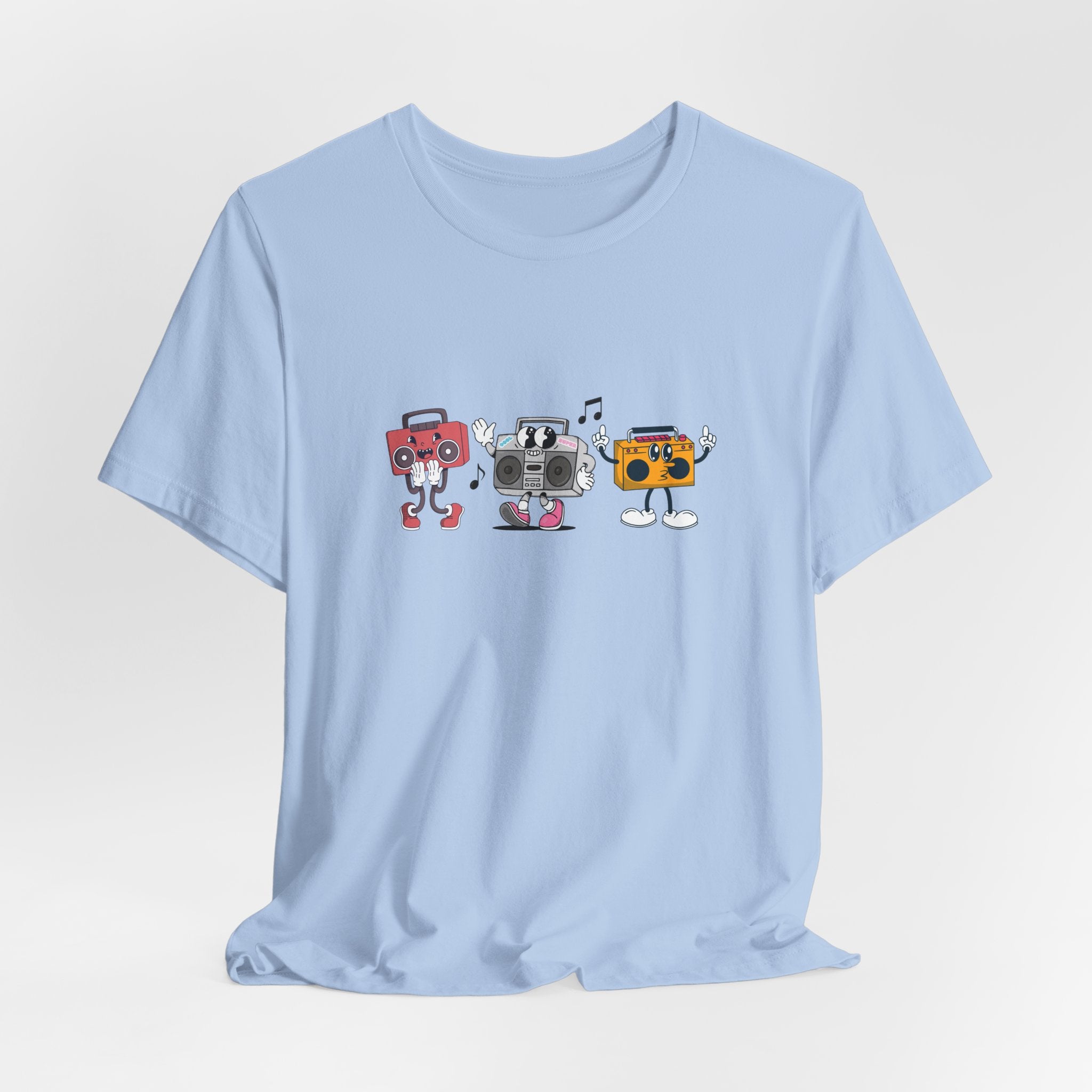 Light blue t-shirt with cartoon-style boombox graphic on a white background
