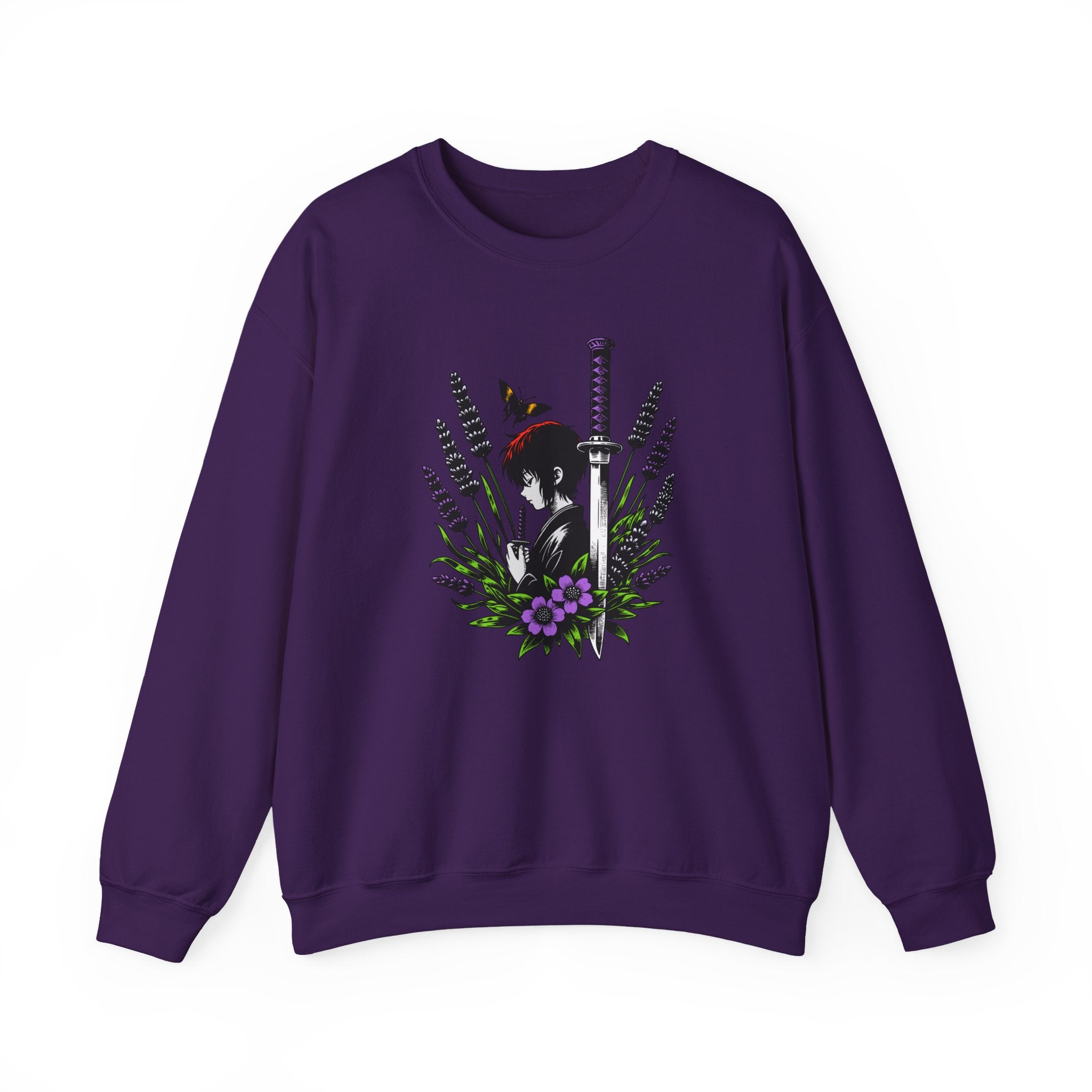 Purple sweatshirt with a manga, butterfly, and sword design on a white background