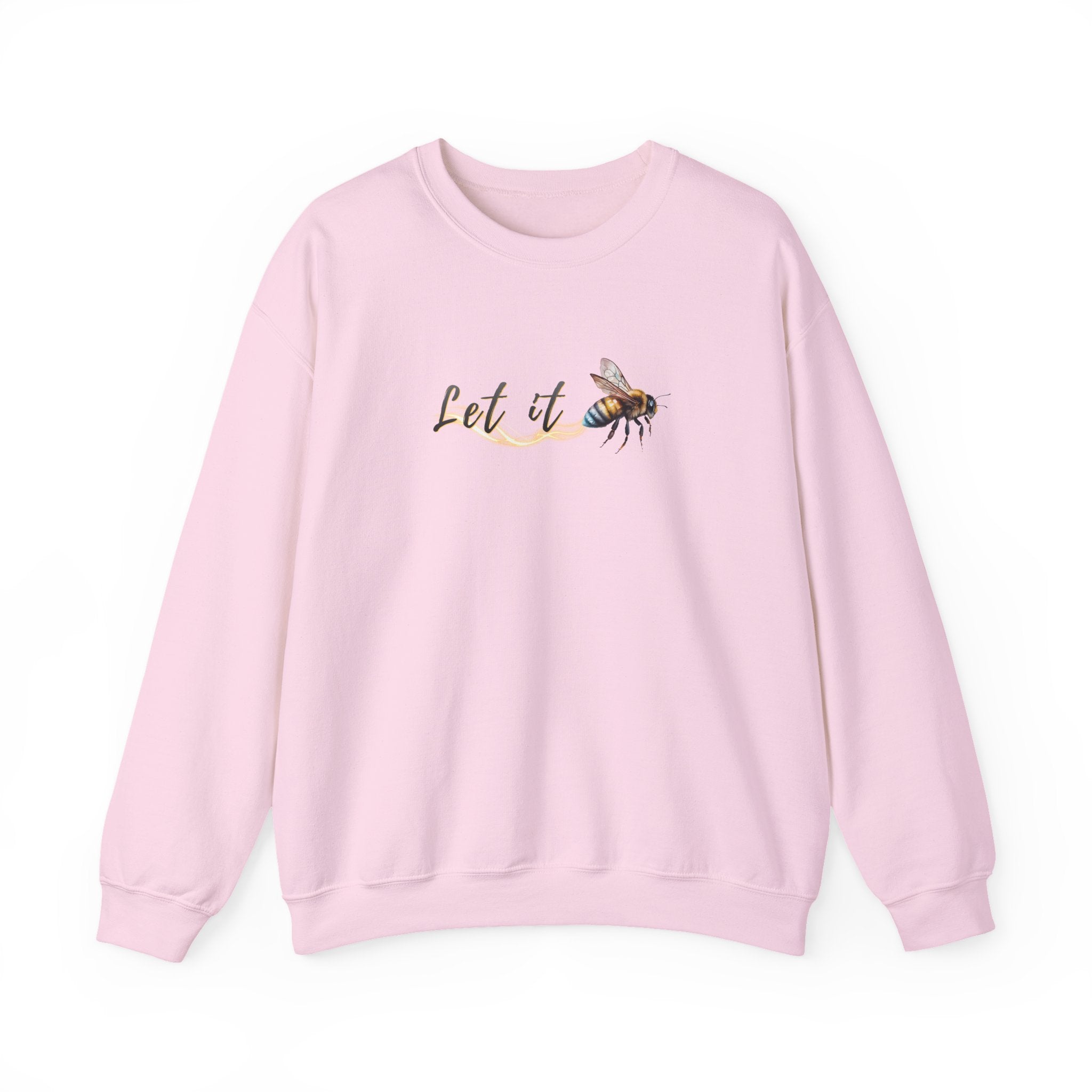 Pink sweatshirt with 'Let it Bee' text and bee graphic on a white background