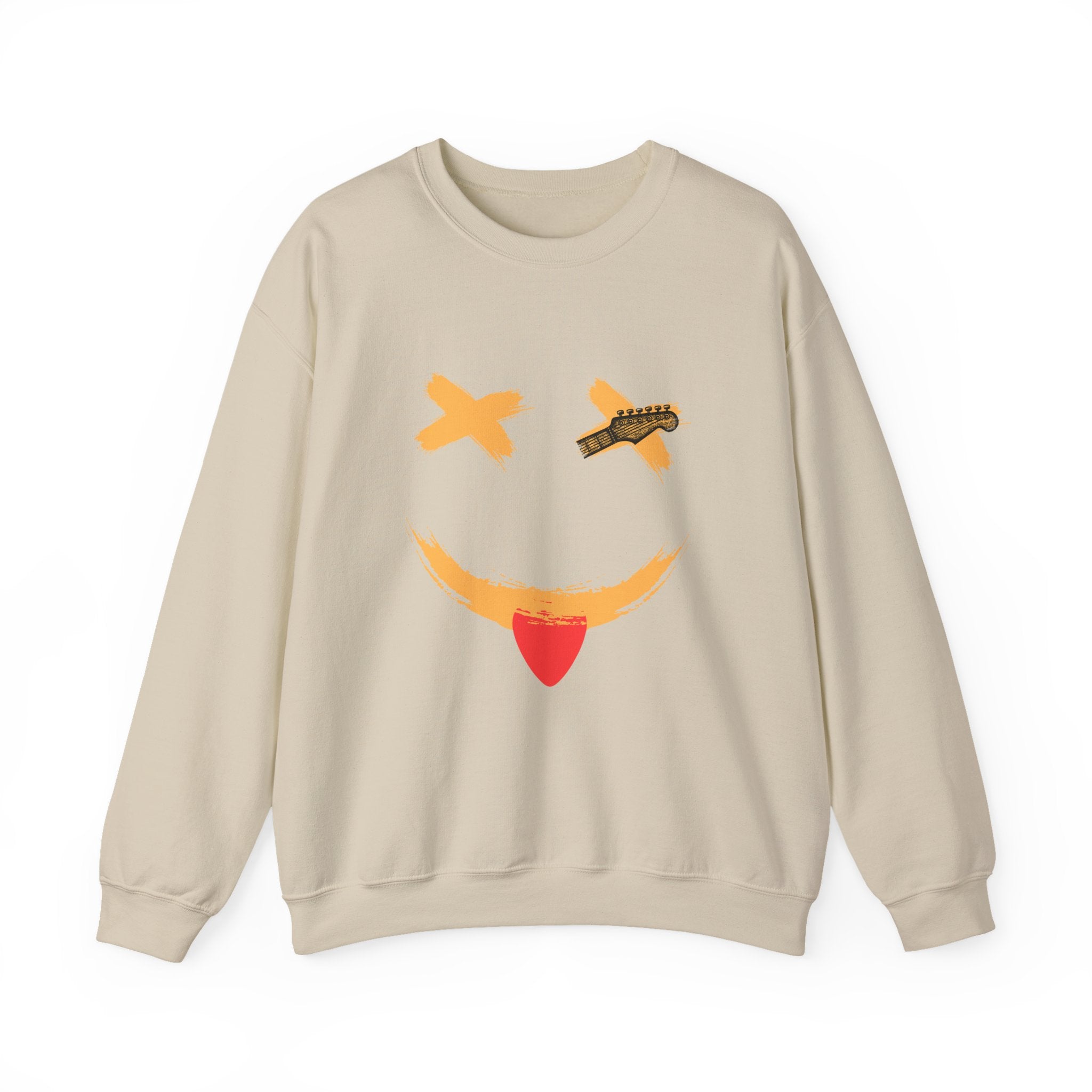 Beige sweatshirt with a smiley face design on a white background