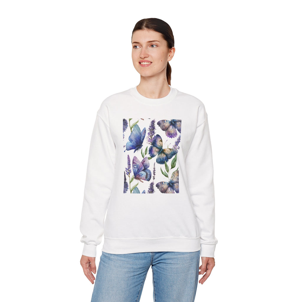 Woman wearing a white sweatshirt with butterfly design on a white background