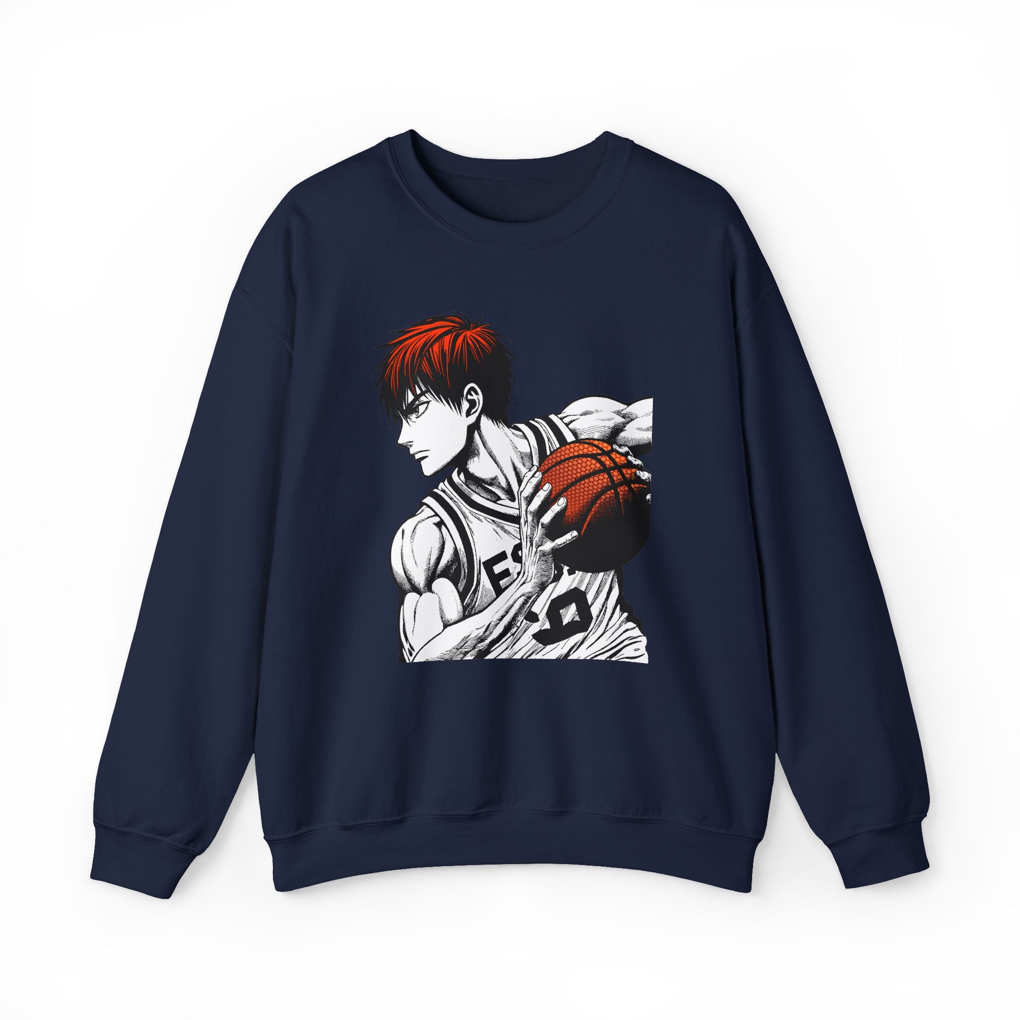 Navy blue sweatshirt with a graphic of a basketball player on a white background