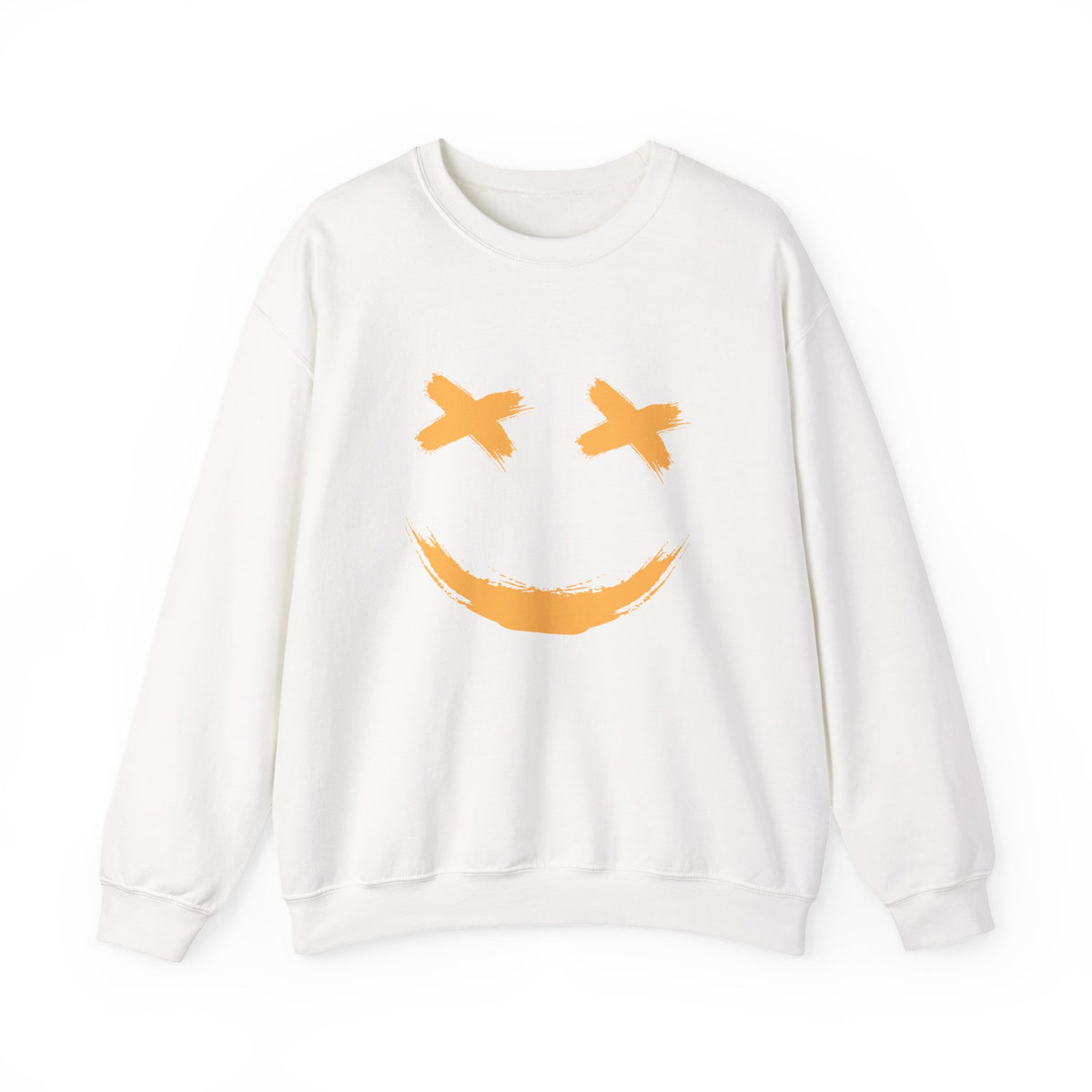 White sweatshirt with a smiley face design on a white background