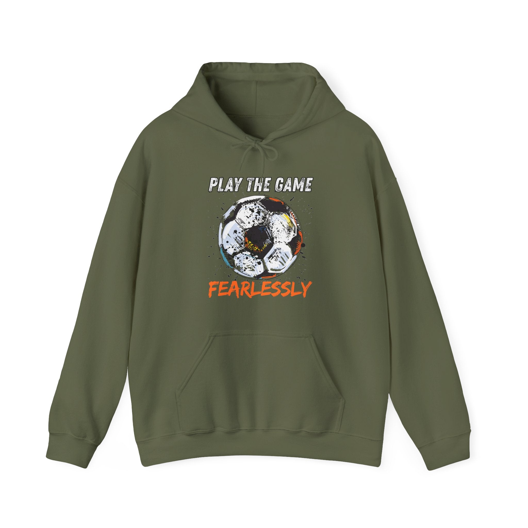 Green hoodie with dirty soccer ball graphic and play the game fearlessly text on a white background