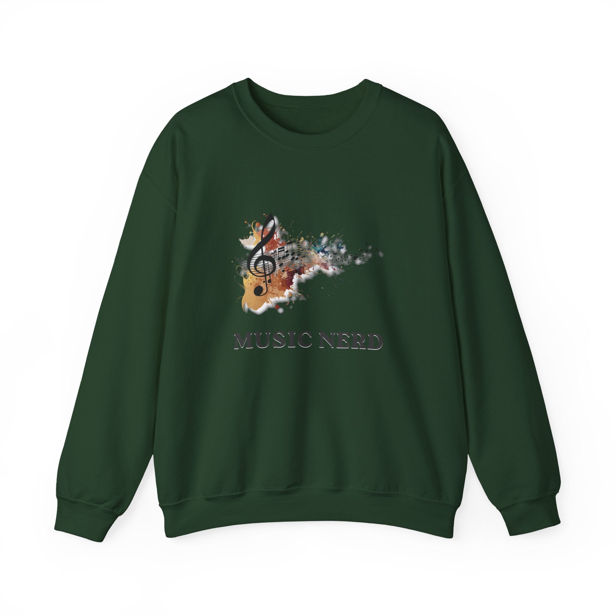 Green sweatshirt with a graphic of a music note and 'Music Nerd' text on a white background