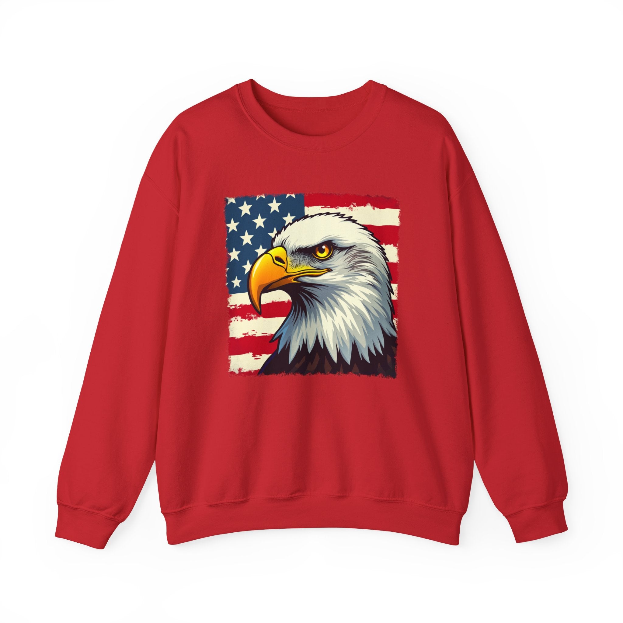 Red sweatshirt with an eagle and American flag design on a white background