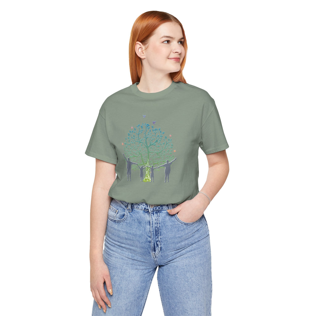 Person wearing a green t-shirt with a graphic design on a white background