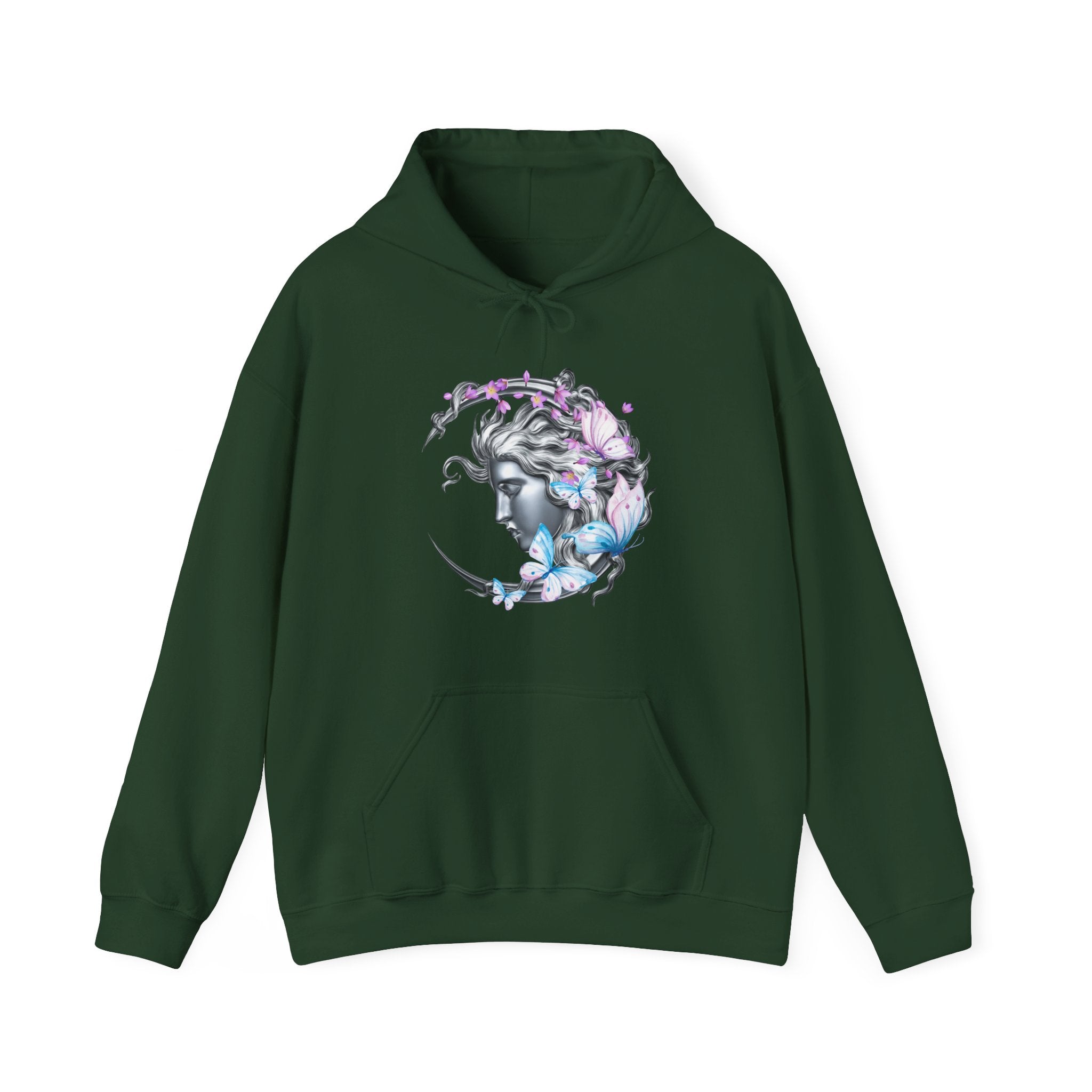 Green hoodie with a woman and flower design on a white background