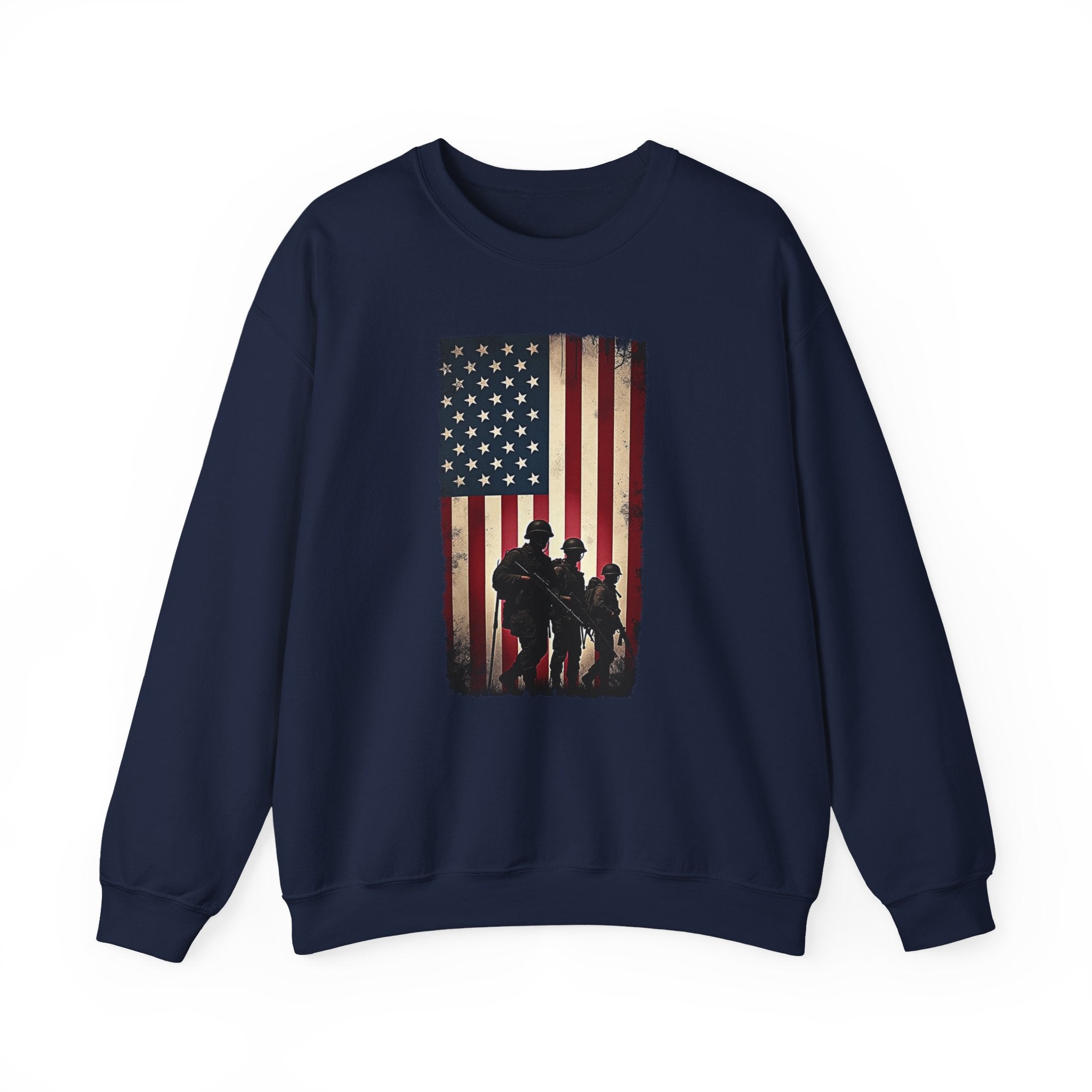 Navy blue sweatshirt with American flag and silhouette design on a white background