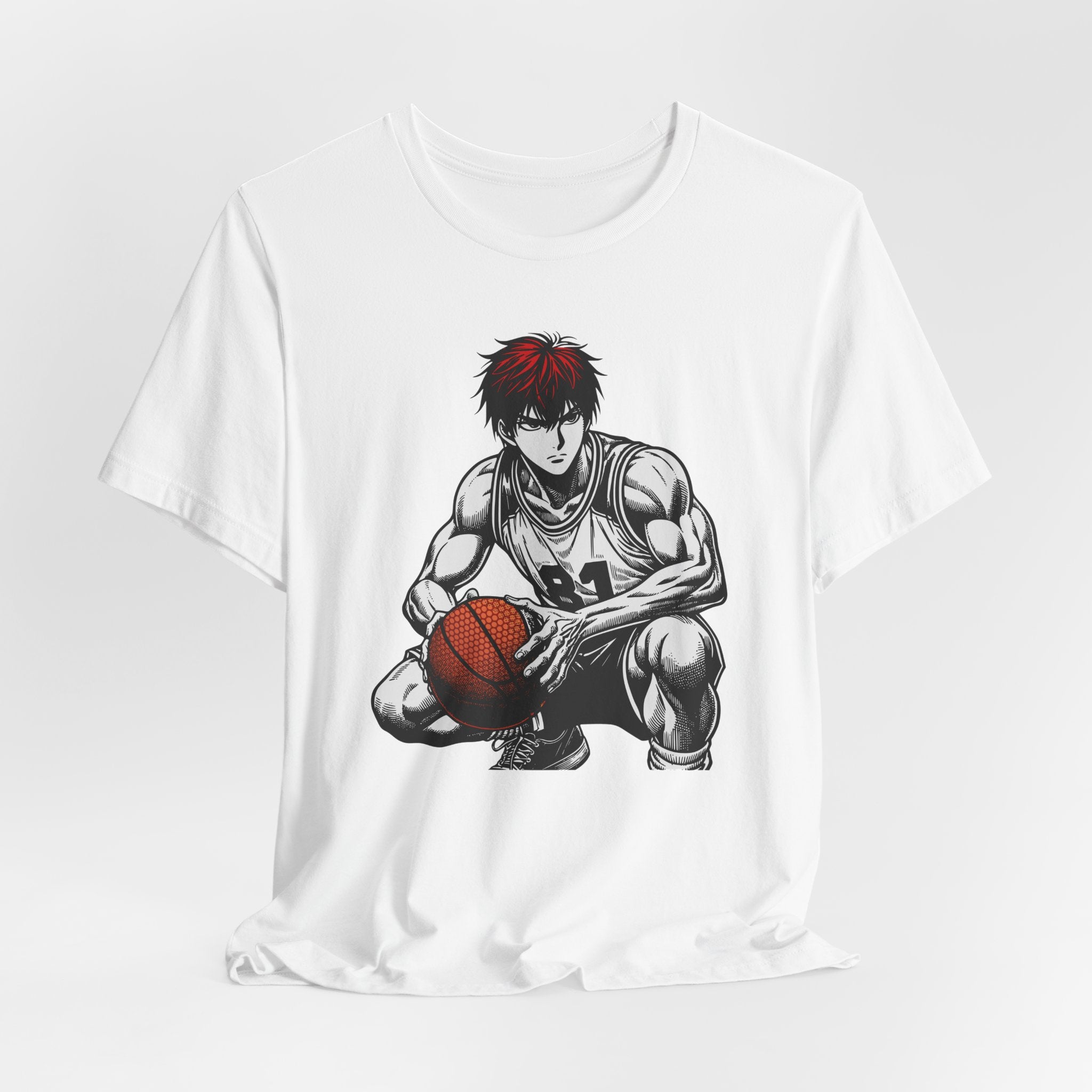 White t-shirt with an anime-style graphic of a character holding a basketball on a white background