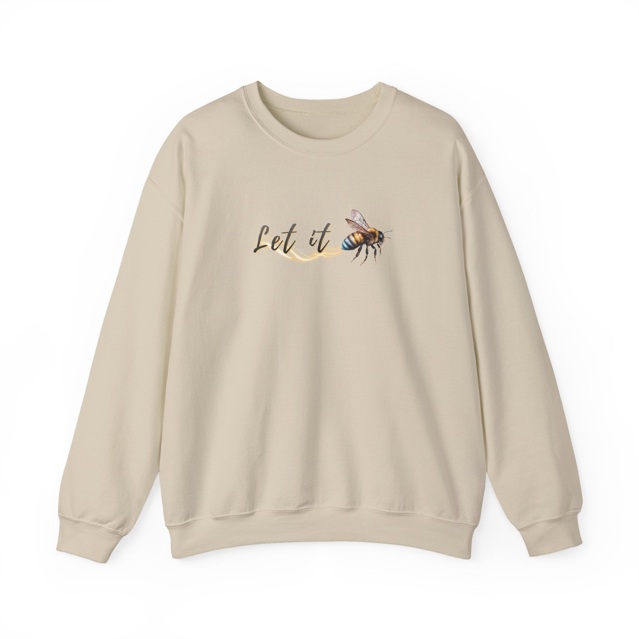 Beige sweatshirt with a bee and 'Let It' text design on a white background