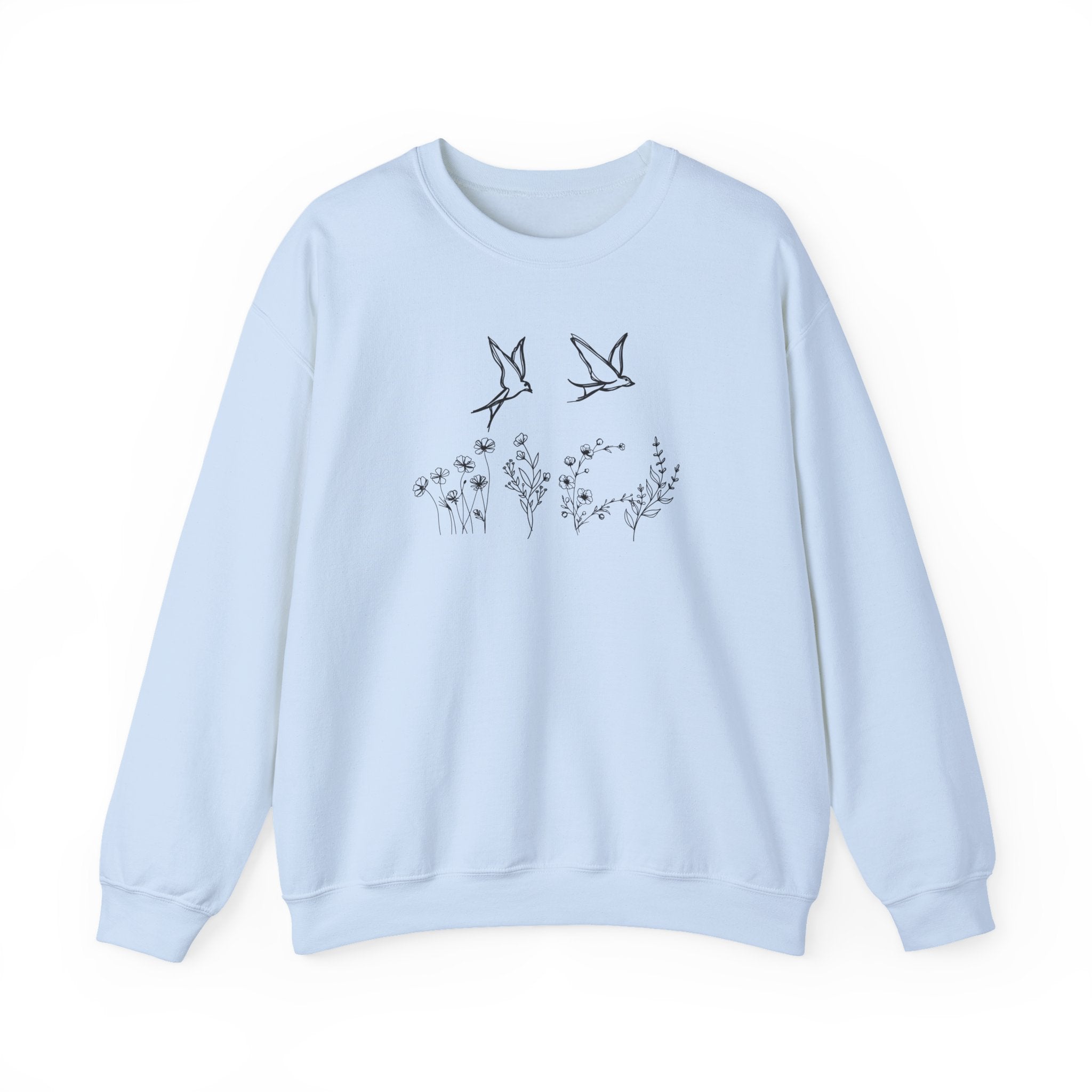 Light blue sweatshirt with black bird and floral design on a white background
