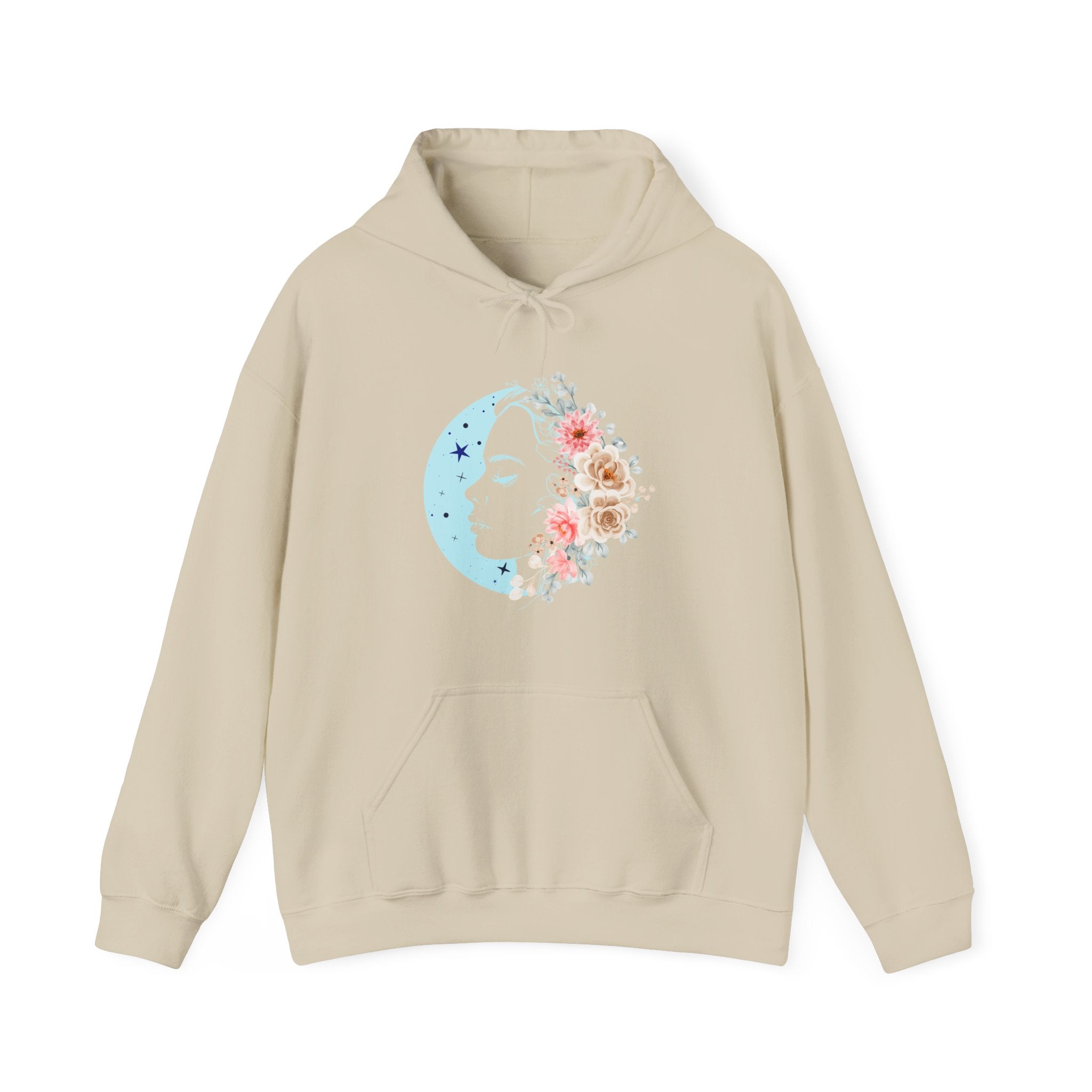 Beige hoodie with floral face moon design on a white background