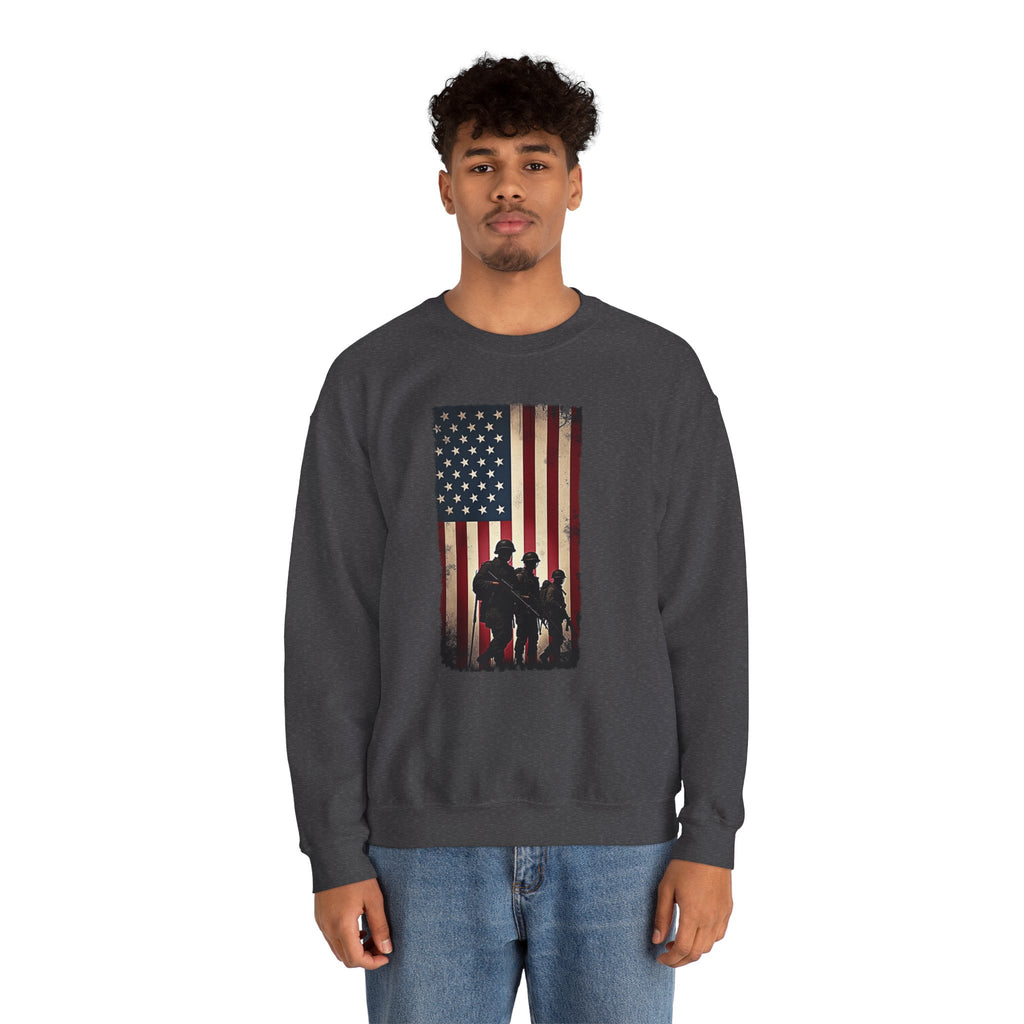 Person wearing a dark gray sweatshirt with an American flag and silhouette design on a white background