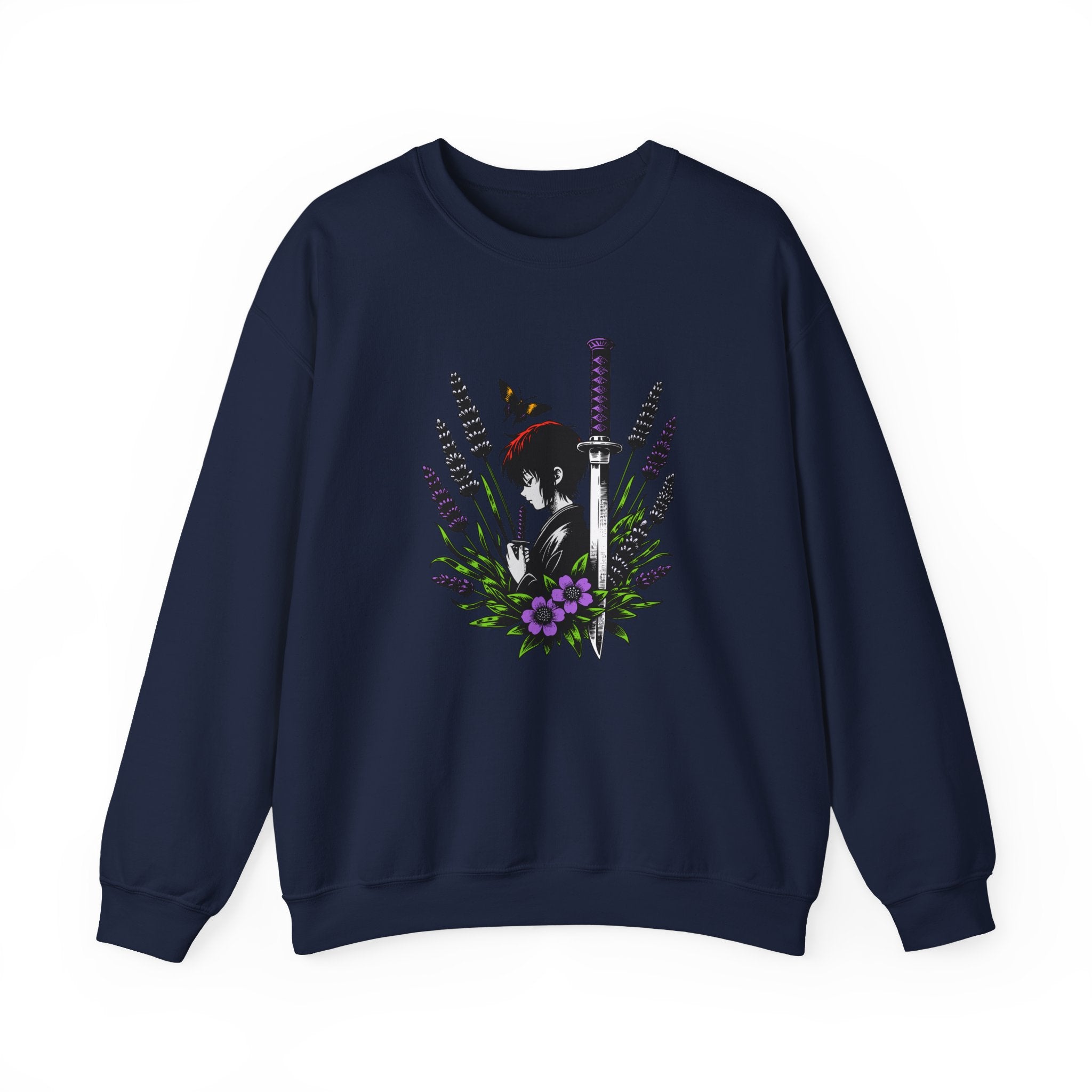 Navy blue sweatshirt with a manga, butterfly, and sword design on a white background