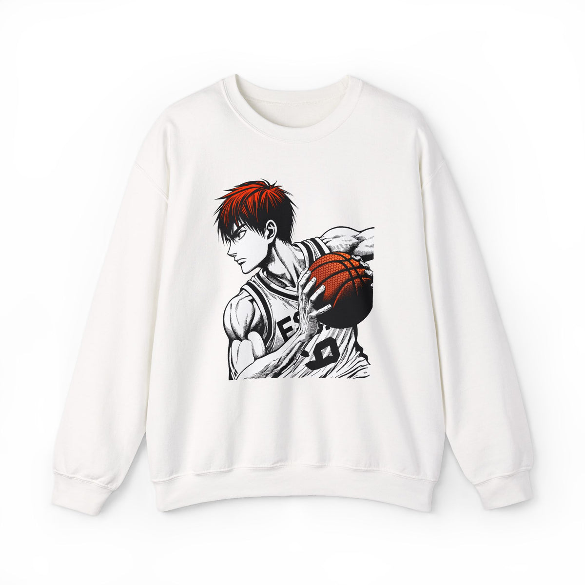 White sweatshirt with an anime character holding a basketball on a white background