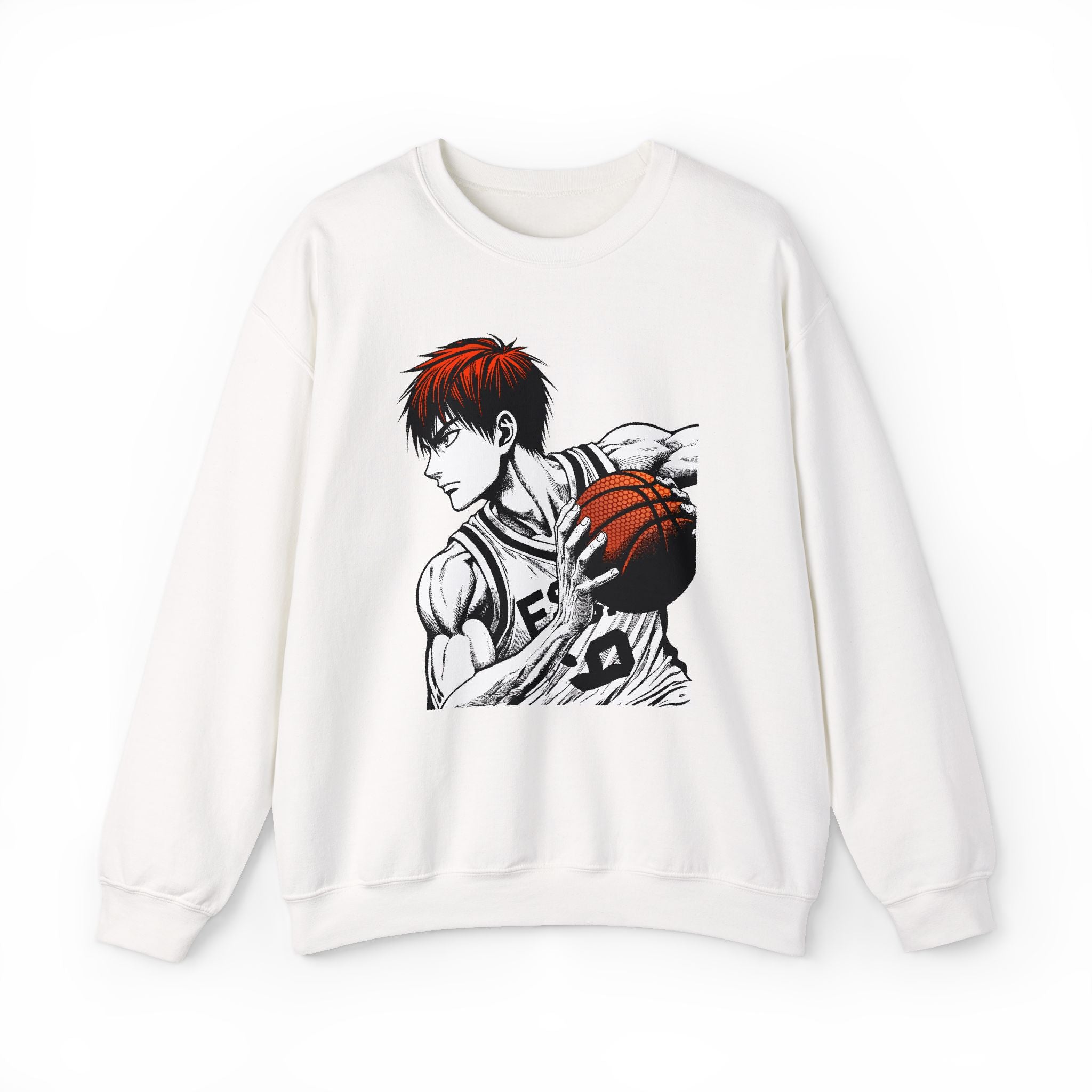 White sweatshirt with an anime character holding a basketball on a white background