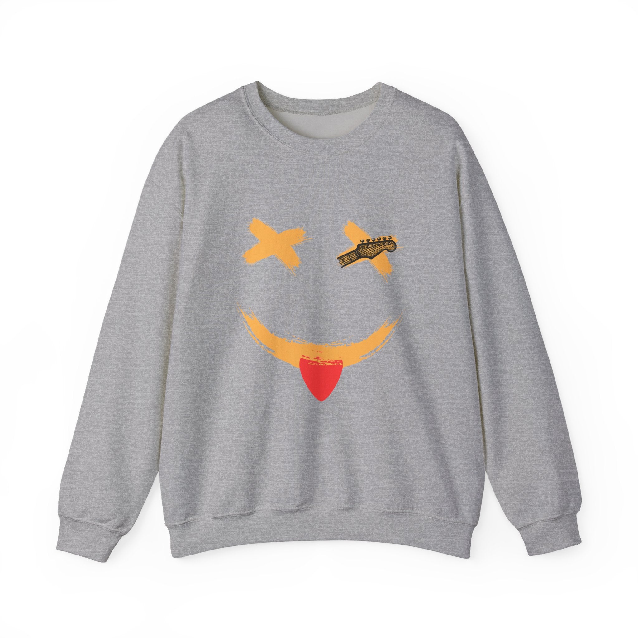 Gray sweatshirt with a smiley face design on a white background