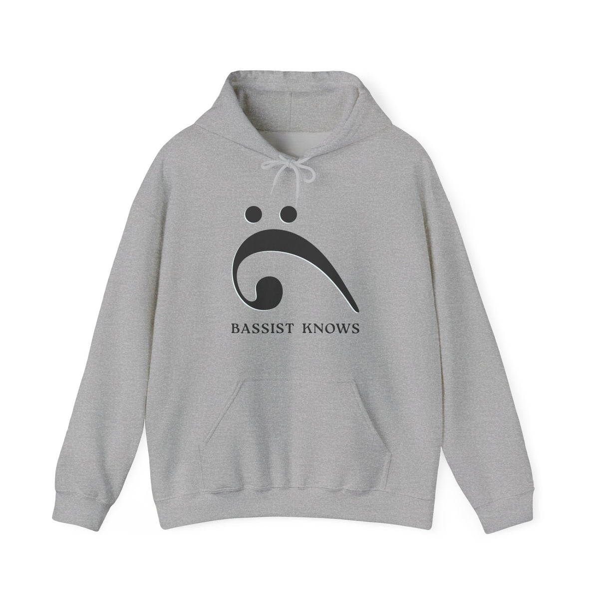 Gray hoodie with a black bass clef graphic and "Bassist Knows" text on a white background