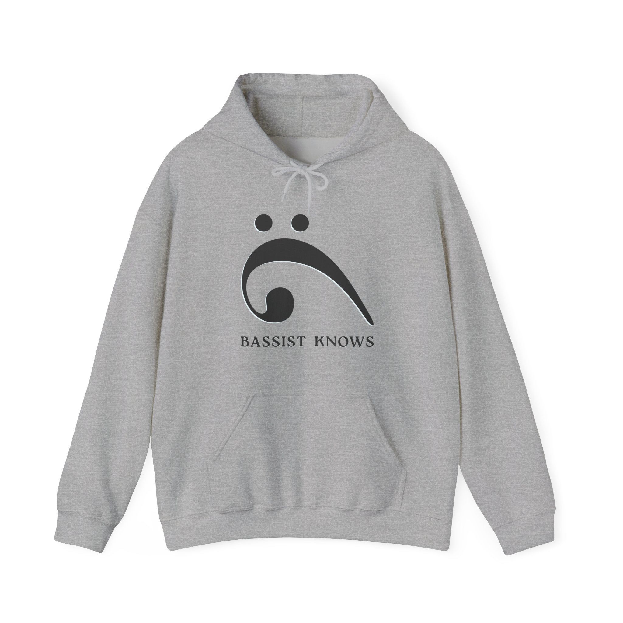 Gray hoodie with a black bass clef graphic and "Bassist Knows" text on a white background
