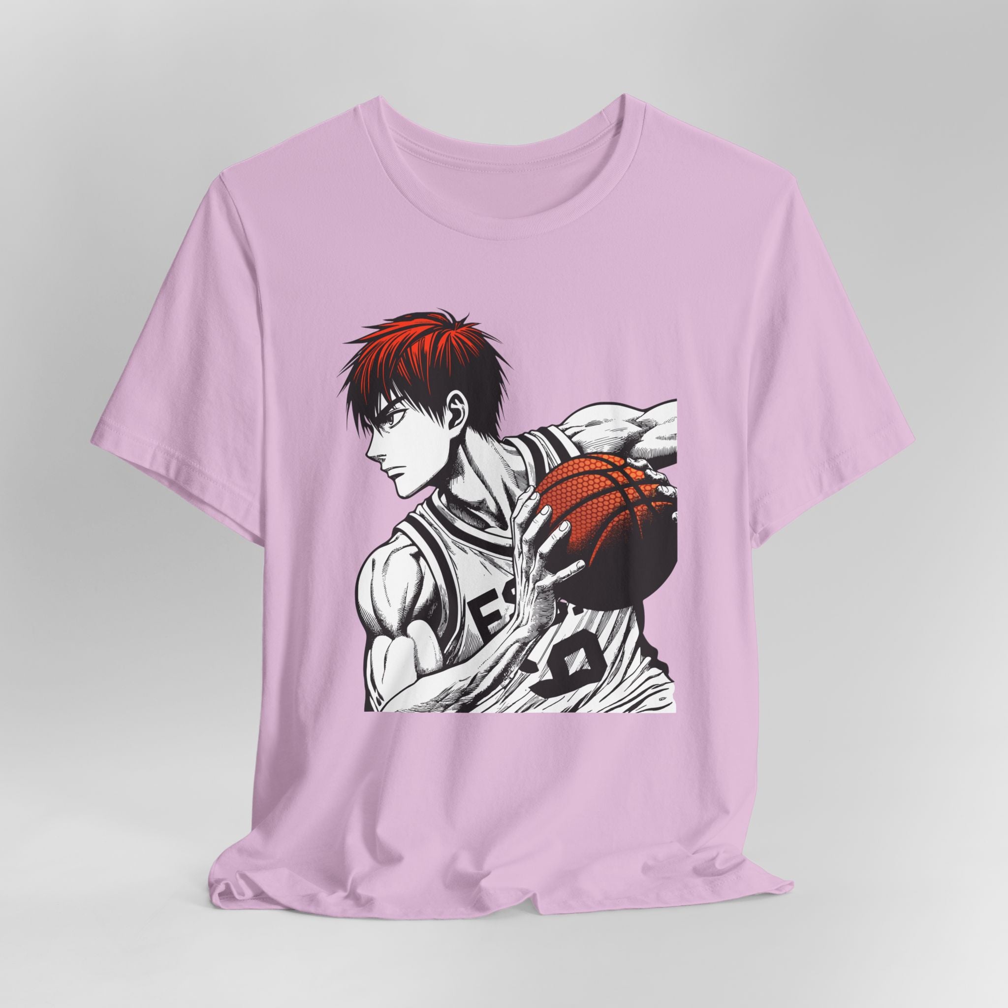 Pink t-shirt with a graphic of a character holding a basketball on a gray background